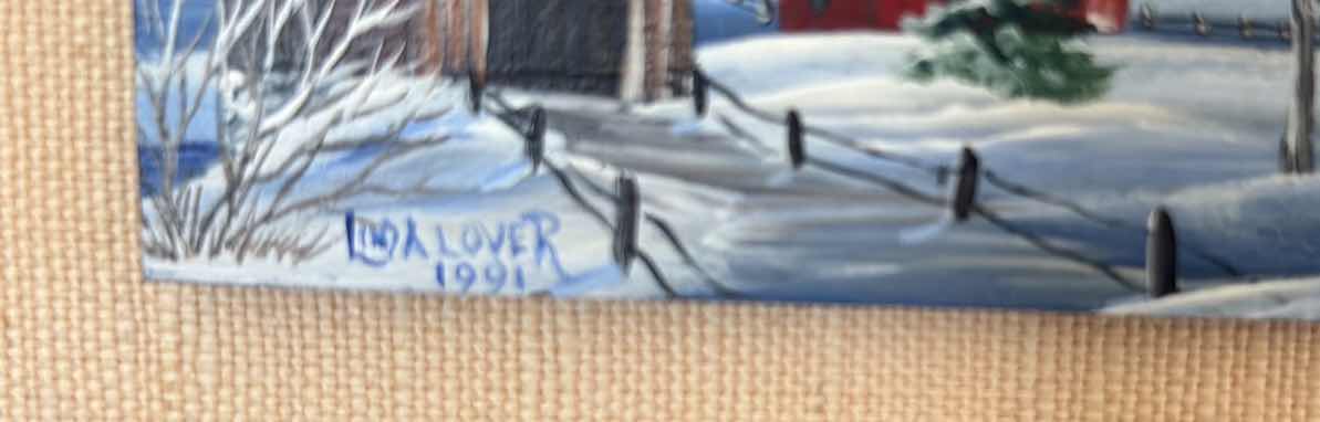 Photo 1 of FRAMED ARTWORK ORIGINAL LORA LOVER 1991 FOLK ART WINTER FARM SCENE PAINTING SIGNED 9”X5”