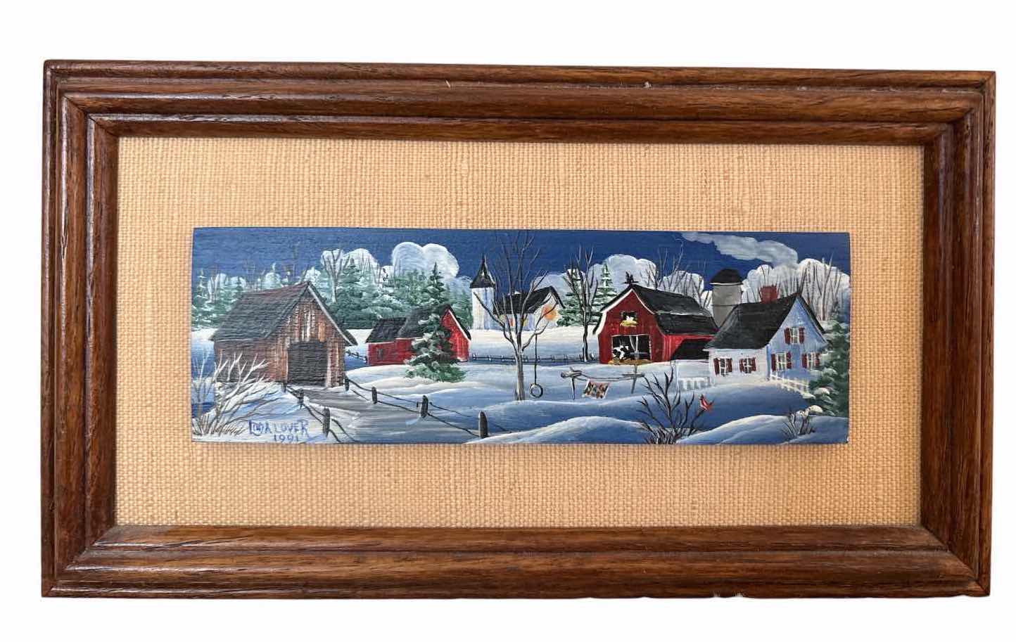 Photo 1 of FRAMED ARTWORK ORIGINAL LORA LOVER 1991 FOLK ART WINTER FARM SCENE PAINTING SIGNED 9”X5”