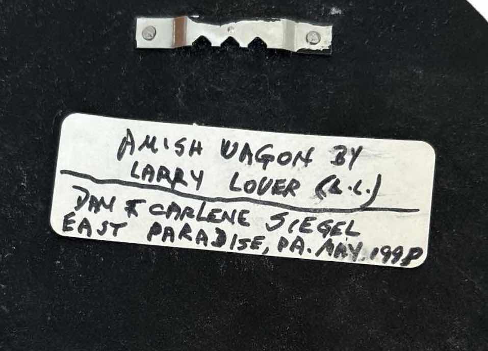 Photo 1 of WOODEN ARTWORK LARRY LOVER “AMISH WAGON” HAND-PAINTED FOLK ART WOOD PLAQUE 1998 W ORIGINAL RECEIPT