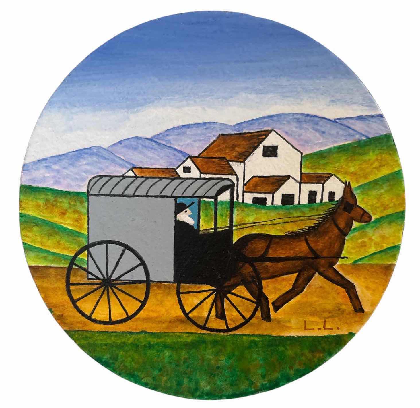 Photo 1 of WOODEN ARTWORK LARRY LOVER “AMISH WAGON” HAND-PAINTED FOLK ART WOOD PLAQUE 1998 W ORIGINAL RECEIPT