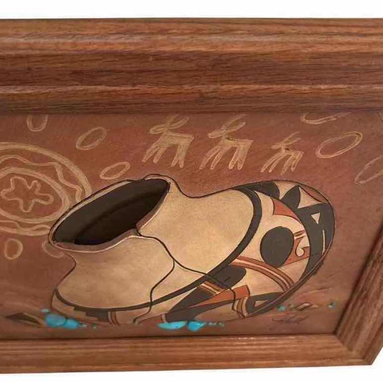 Photo 1 of FRAMED ARTWORK SOUTHWESTERN DIMENSIONAL LEATHER ART FEATURING ACOMA-STYLE POTTERY SIGNED BY KULL IN WOOD FRAME W ORIGINAL RECEIPT 12”X10.5”