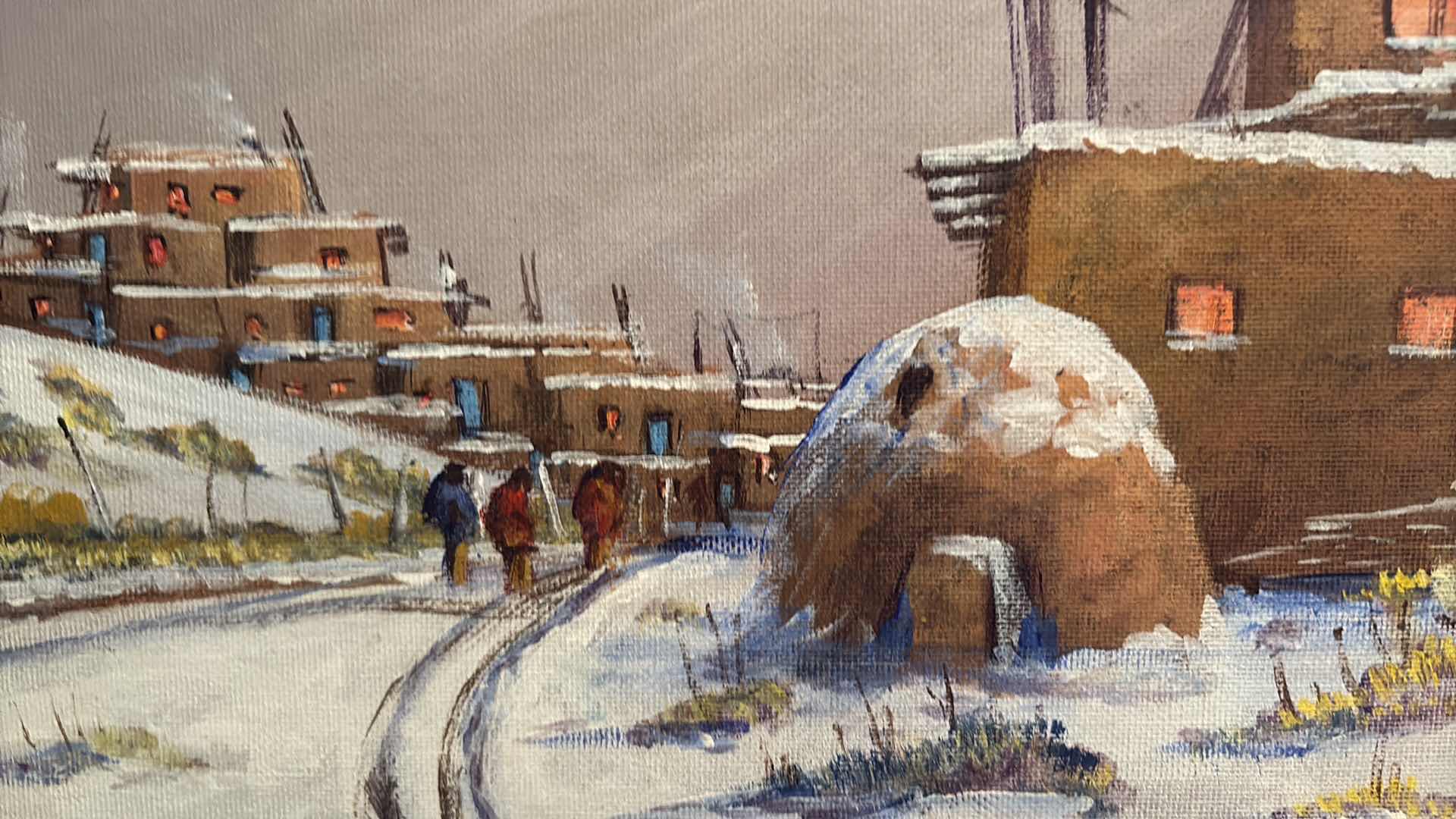 Photo 1 of FRAMED ORIGINAL SOUTHWESTERN OIL PAINTING OF A TAOS PUEBLO WINTER SCENE, SIGNED J. YAZZIE 13.5”X10.5”