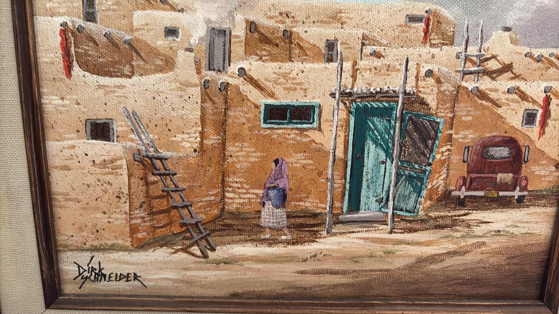 Photo 1 of FRAMED ARTWORK ORIGINAL SOUTHWESTERN ADOBE PUEBLO OIL PAINTING, SIGNED DIRK SCHNEIDER W ORIGINAL RECEIPT 15”X14”