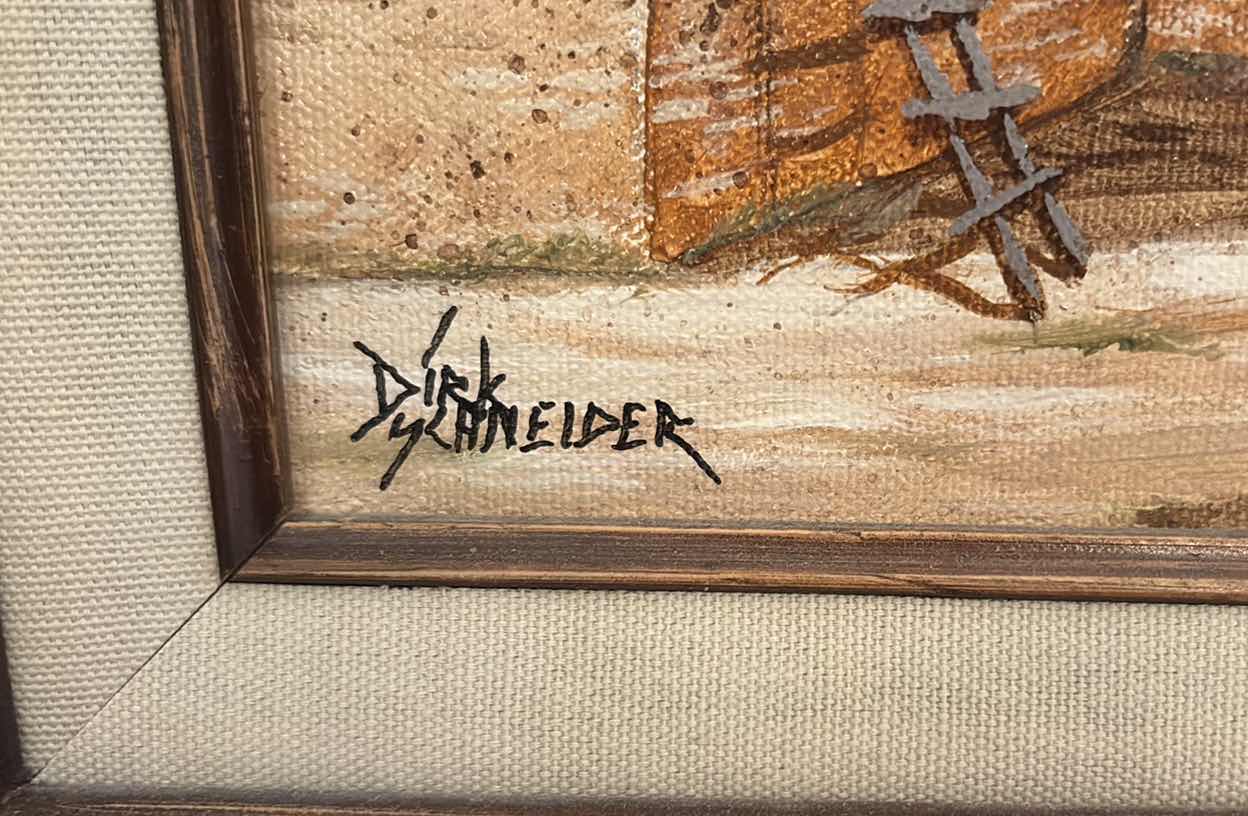 Photo 1 of FRAMED ARTWORK ORIGINAL SOUTHWESTERN ADOBE PUEBLO OIL PAINTING, SIGNED DIRK SCHNEIDER W ORIGINAL RECEIPT 15”X14”