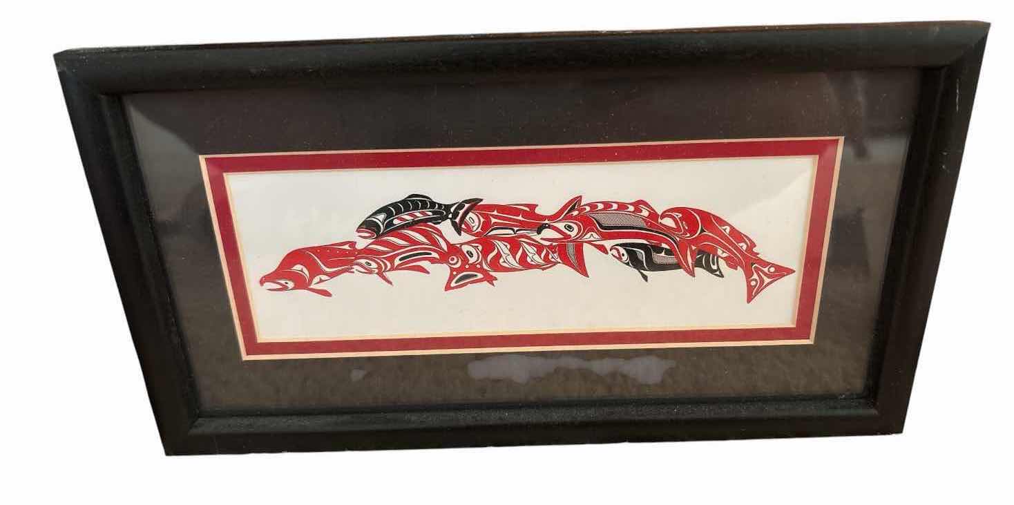 Photo 1 of FRAMED ARTWORK BARRY HEREM “HOMESTRETCH” FRAMED NORTHWEST COAST STYLE SALMON PRINT W COA 11”X6”