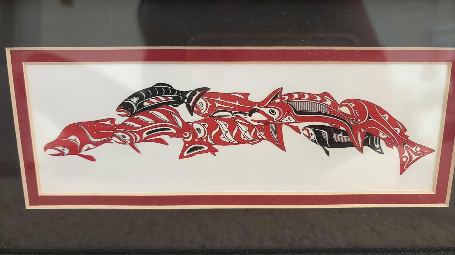 Photo 1 of FRAMED ARTWORK BARRY HEREM “HOMESTRETCH” FRAMED NORTHWEST COAST STYLE SALMON PRINT W COA 11”X6”