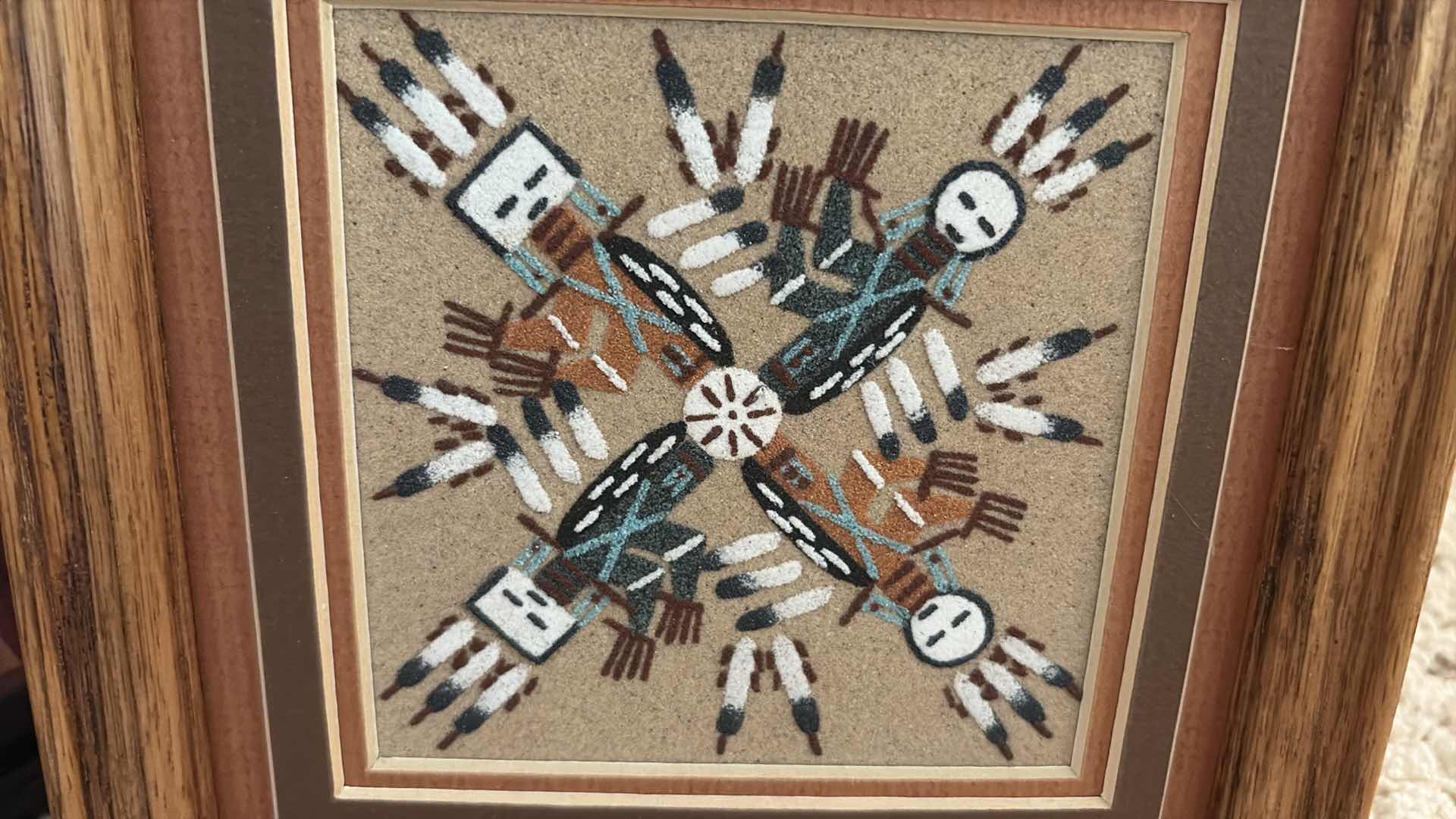 Photo 1 of FRAMED ARTWORK SOUTHWESTERN NATIVE AMERICAN STYLE HANDCRAFTED SAND PAINTING WITH KOKOPELLI DESIGN 7”X7”