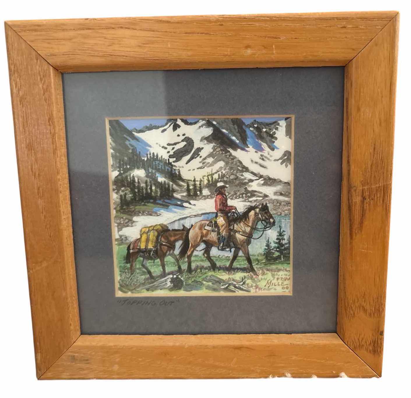 Photo 1 of FRAMED ARTWORK MINIATURE WESTERN WATERCOLOR PAINTING “TOPPING OUT” BY MILLE FUNK, OF COWBOY ON HORSEBACK WITH PACK HORSE IN MOUNTAIN LANDSCAPE SIGNED 6”X6.25
