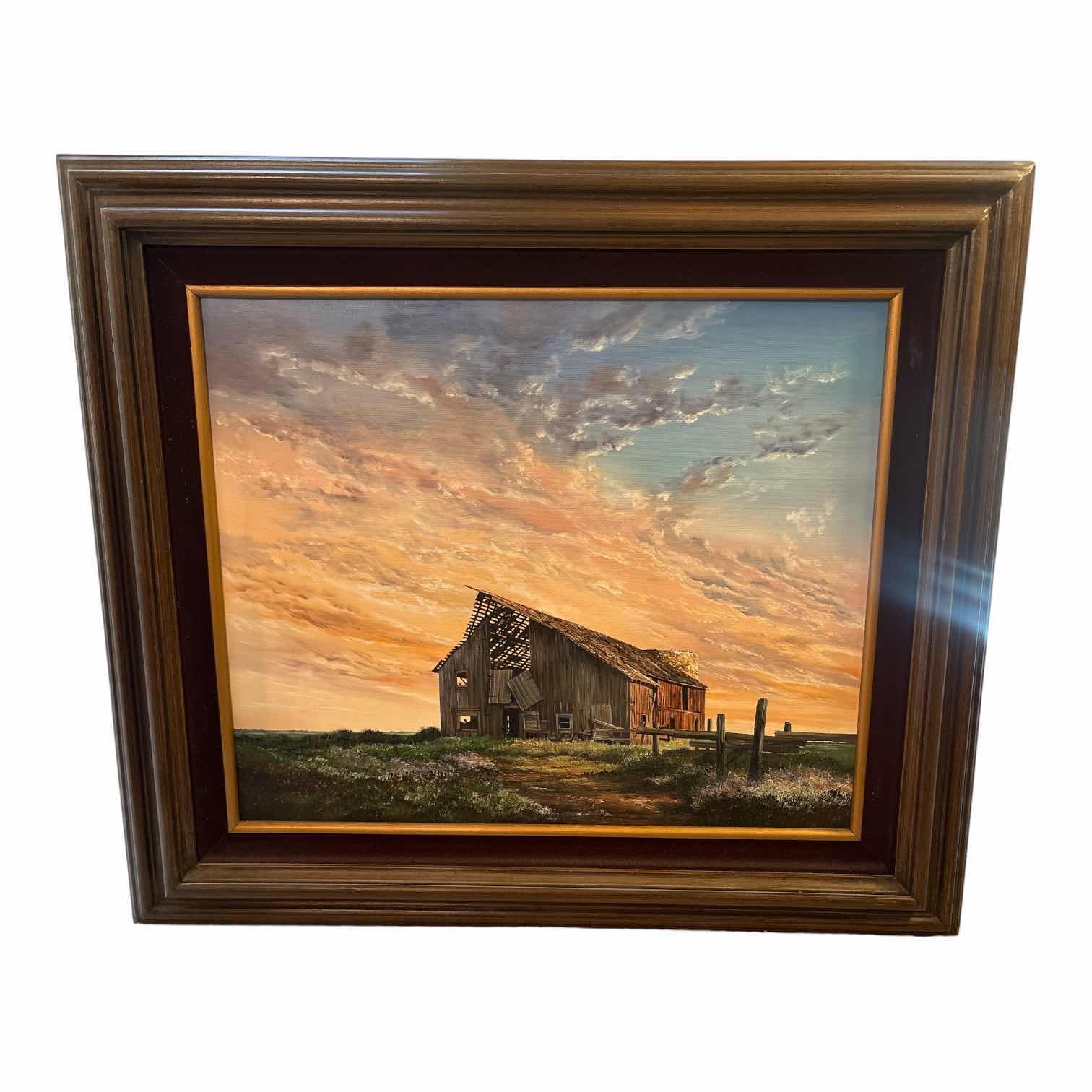 Photo 1 of FRAMED ARTWORK ORIGINAL REBECCA YOS ADAMS “SKY BARN STUDY” OIL PAINTING, 20 X 24, DEPICTING A WEATHERED BARN AT SUNSET. INCLUDES ORIGINAL SWANSON ART GALLERIES SALES RECEIPT, CERTIFICATE OF AUTHENTICITY, AND 1983 APPRAISAL 32”X28”