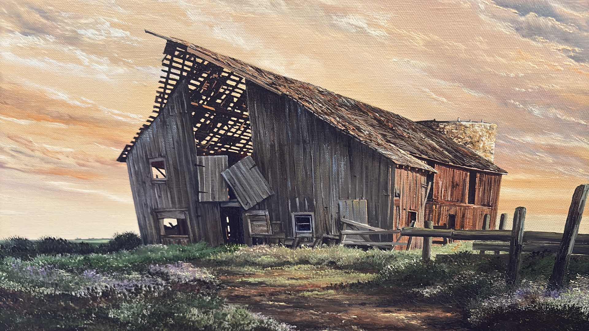 Photo 1 of FRAMED ARTWORK ORIGINAL REBECCA YOS ADAMS “SKY BARN STUDY” OIL PAINTING, 20 X 24, DEPICTING A WEATHERED BARN AT SUNSET. INCLUDES ORIGINAL SWANSON ART GALLERIES SALES RECEIPT, CERTIFICATE OF AUTHENTICITY, AND 1983 APPRAISAL 32”X28”
