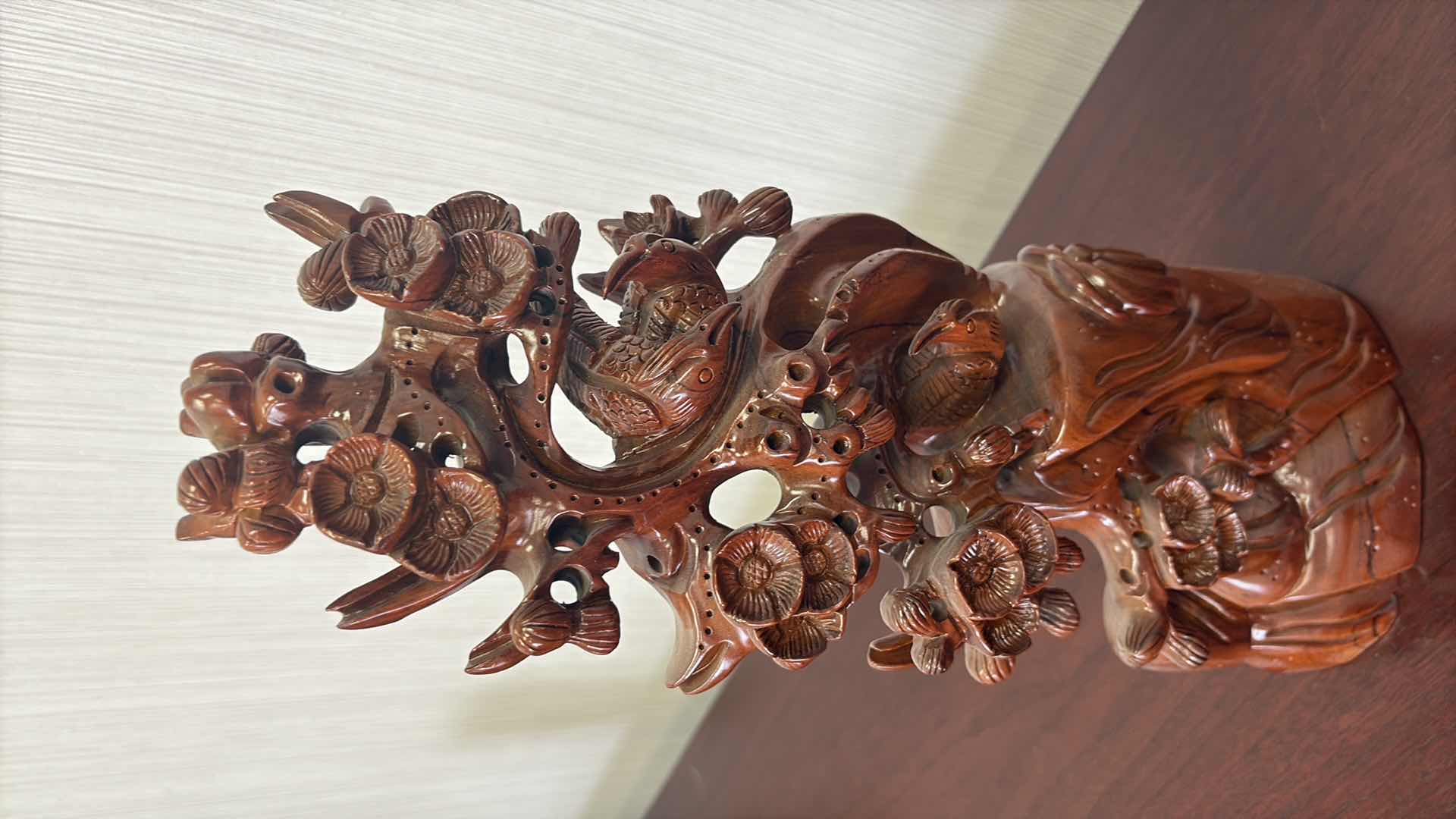 Photo 1 of HAND CARVED CHINESE BOXWOOD BIRDS AND FLOWERS 6”X 3” X 16” H