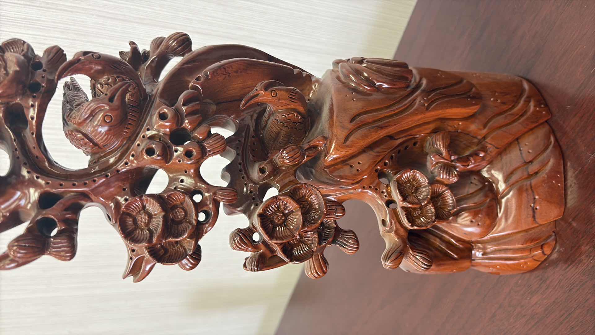 Photo 1 of HAND CARVED CHINESE BOXWOOD BIRDS AND FLOWERS 6”X 3” X 16” H