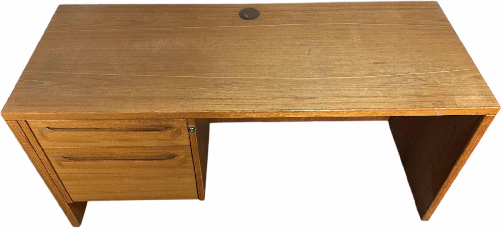 Photo 1 of ROLLING TEAKWOOD OFFICE DESK 2 DRAWER WITH LOCK NO KEY
52” X 20.5” X H27”