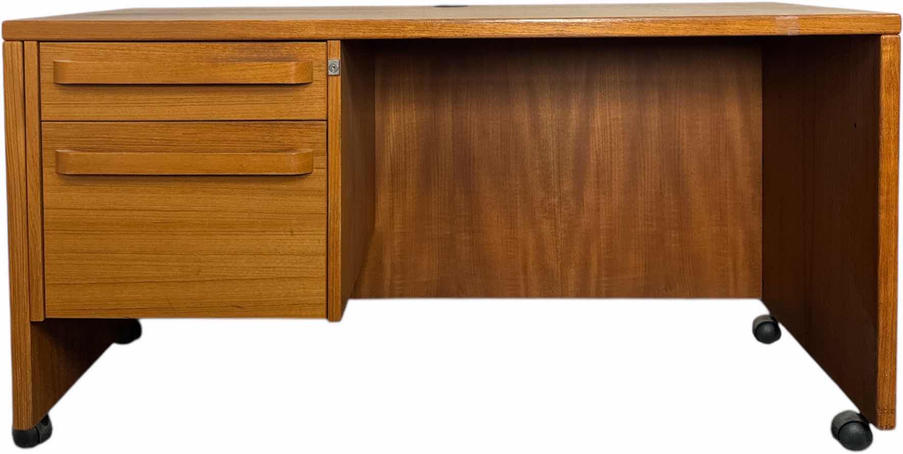 Photo 1 of ROLLING TEAKWOOD OFFICE DESK 2 DRAWER WITH LOCK NO KEY
52” X 20.5” X H27”