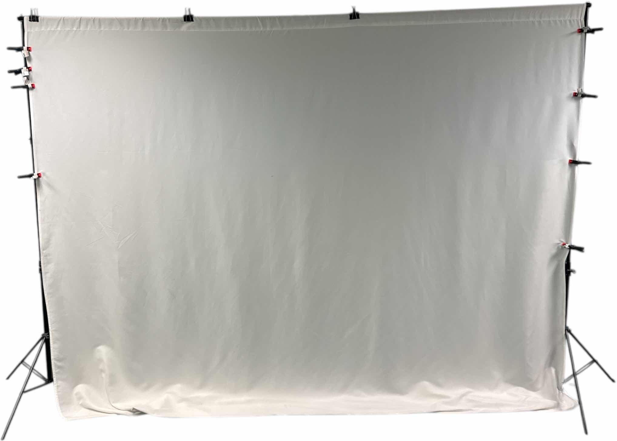Photo 1 of PHOTOGRAPHY BACKDROP WITH BLACK METAL STAND, WHITE FABRIC SHEETS AND 11 FABRIC CLAMPS
W116” X L84”