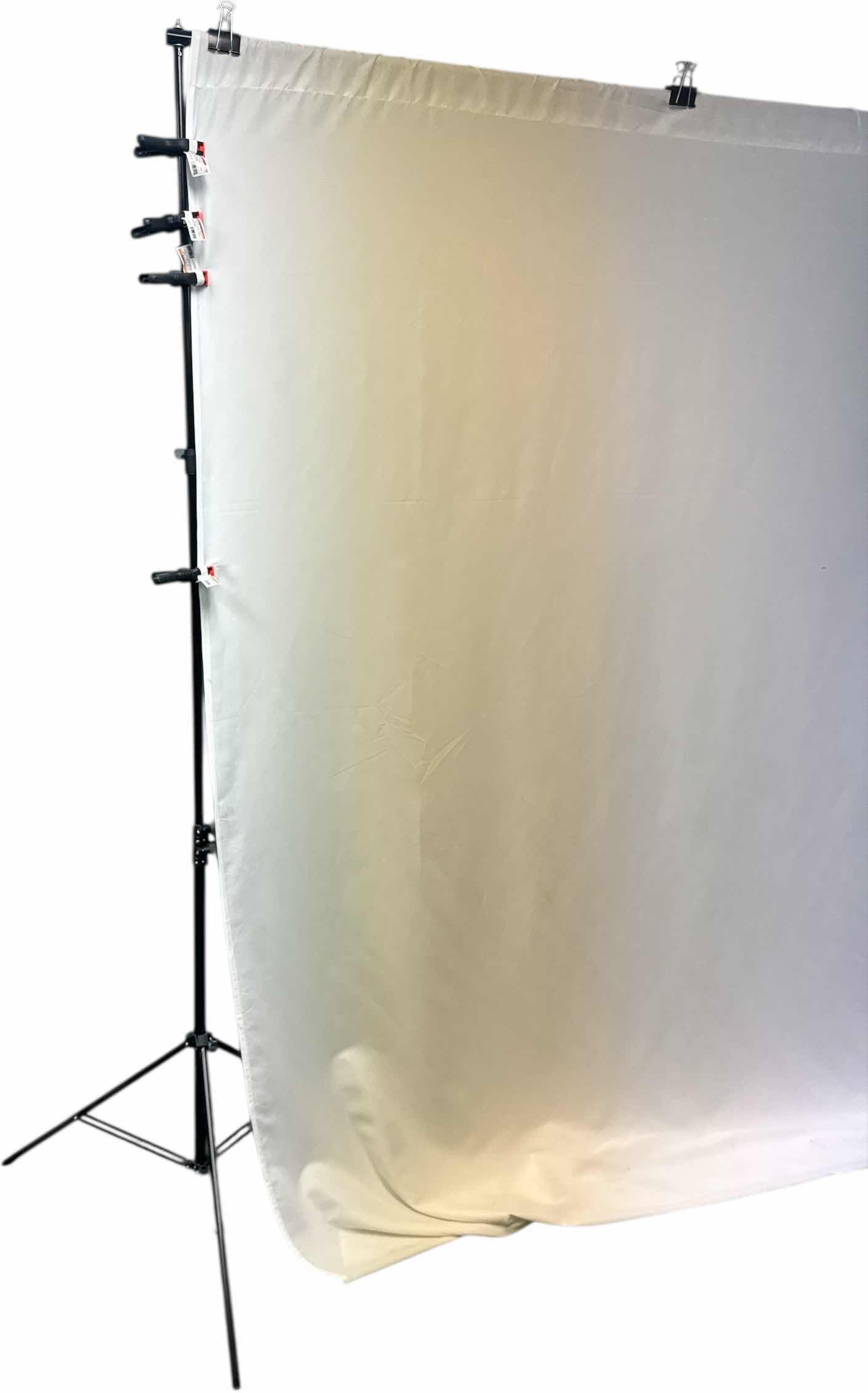 Photo 1 of PHOTOGRAPHY BACKDROP WITH BLACK METAL STAND, WHITE FABRIC SHEETS AND 11 FABRIC CLAMPS
W116” X L84”