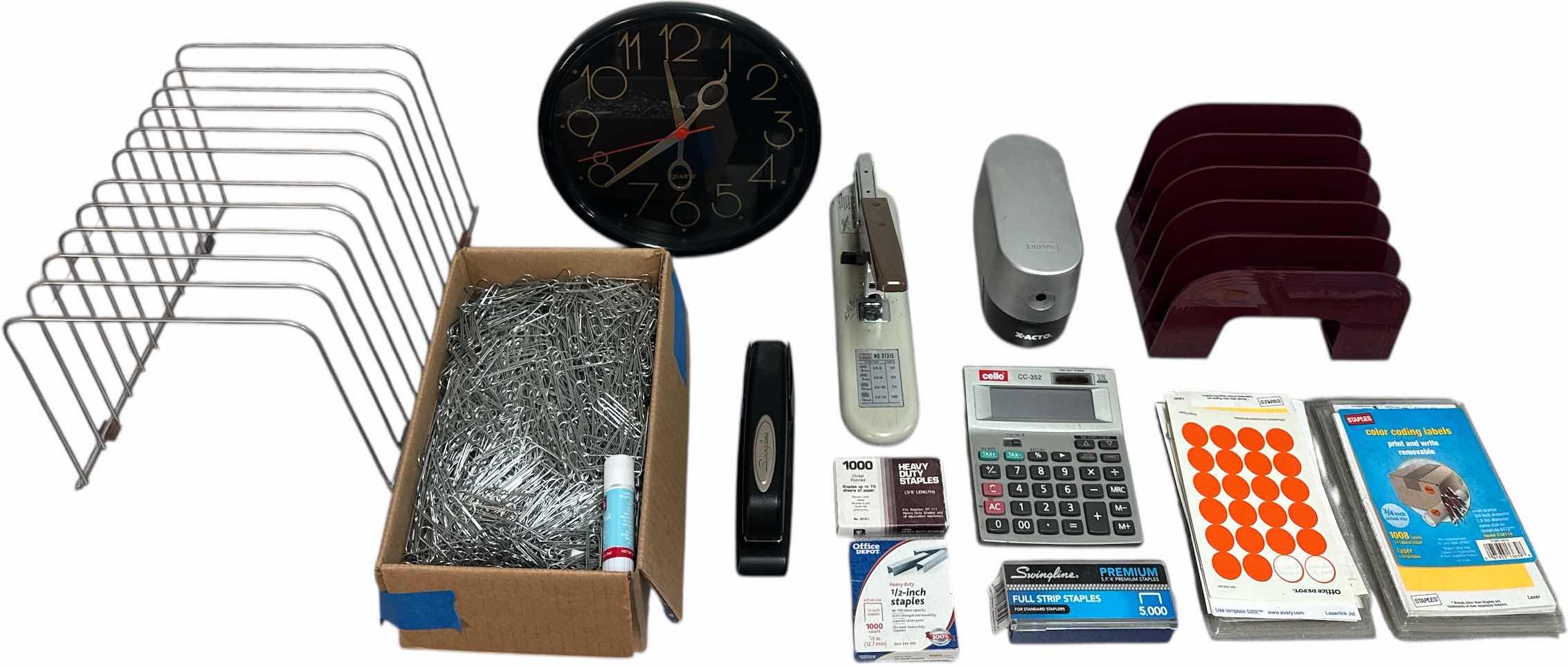 Photo 1 of 9- ASSORTED OFFICE ESSENTIALS, FILE ORGANIZERS, ELECTRIC PENCIL SHARPENER, CALCULATOR, BOX OF PAPERCLIPS, HEAVY DUTY STAPLER, WALL CLOCK
CLOCK
D9.5” X H.75”