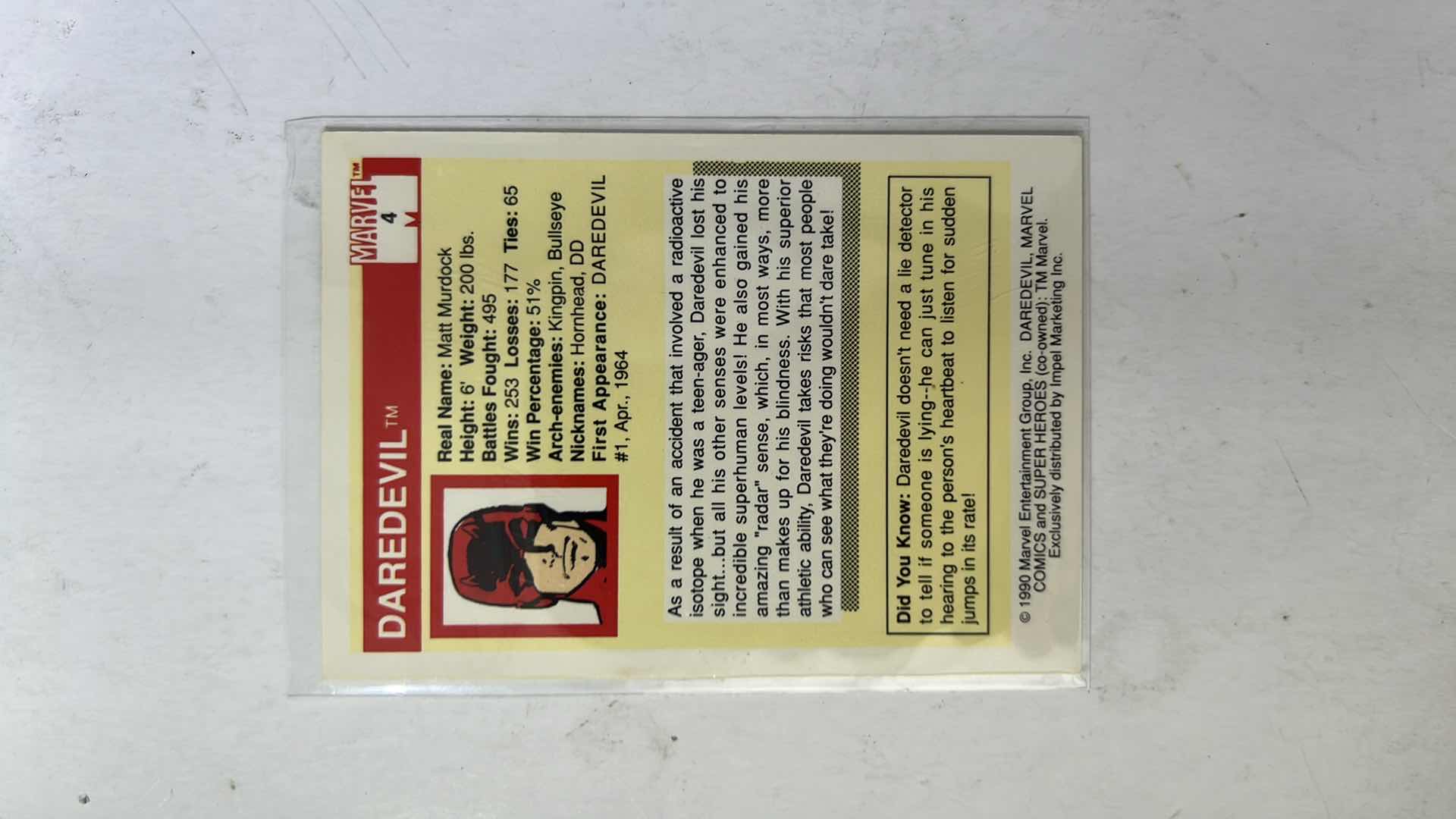 Photo 1 of 1990 IMPEL MARVEL UNIVERSE SUPER HEROES CARD 4 DAREDEVIL $80