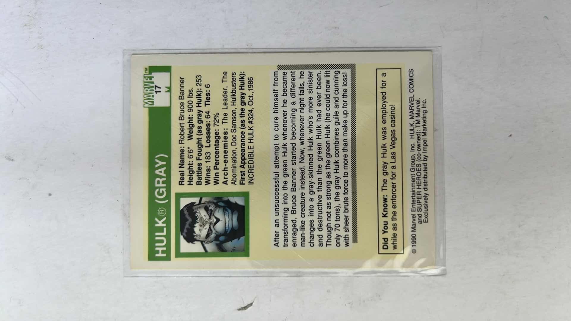 Photo 1 of 1990 IMPEL MARVEL UNIVERSE SUPER HEROES CARD 17 HULK GREY