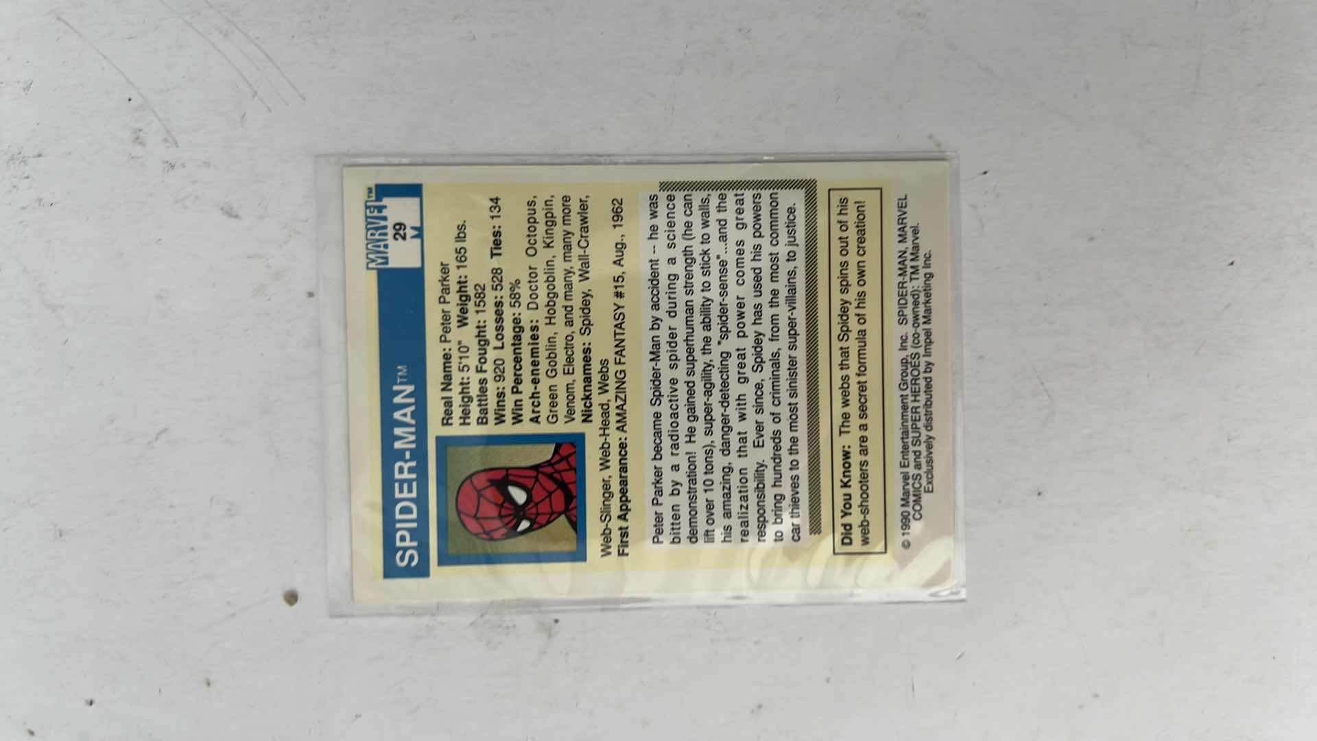 Photo 1 of 1990 IMPEL MARVEL UNIVERSE SUPER HEROES CARD 29 SPIDER-MAN