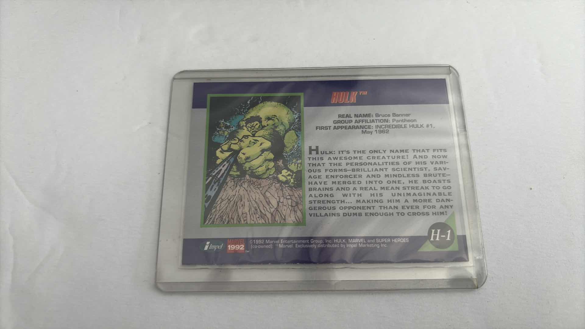 Photo 1 of MARVEL IMPEL TRADING CARD HOLOGRAPHIC “ HULK “ 1992 CARD #H-1