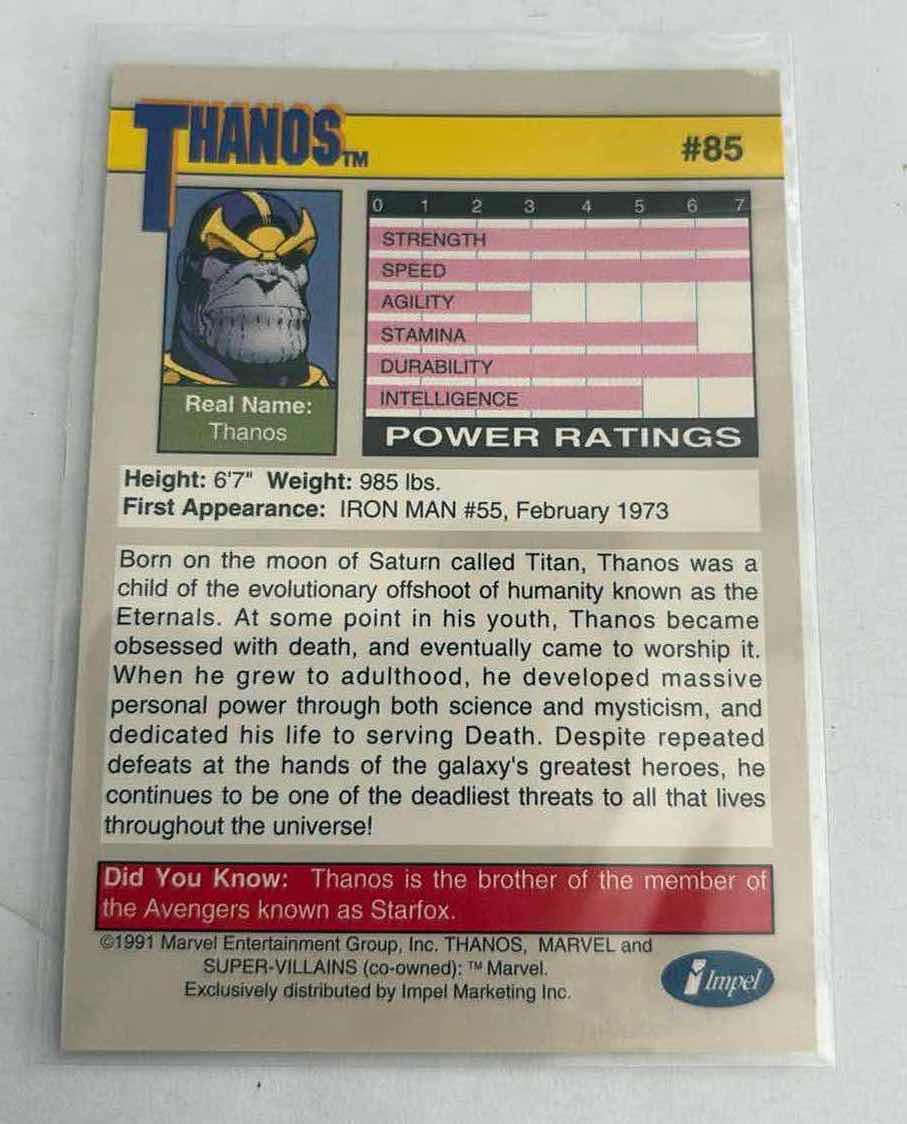 Photo 1 of MARVEL IMPEL TRADING CARD “ THANOS “ SERIES II CARD #85