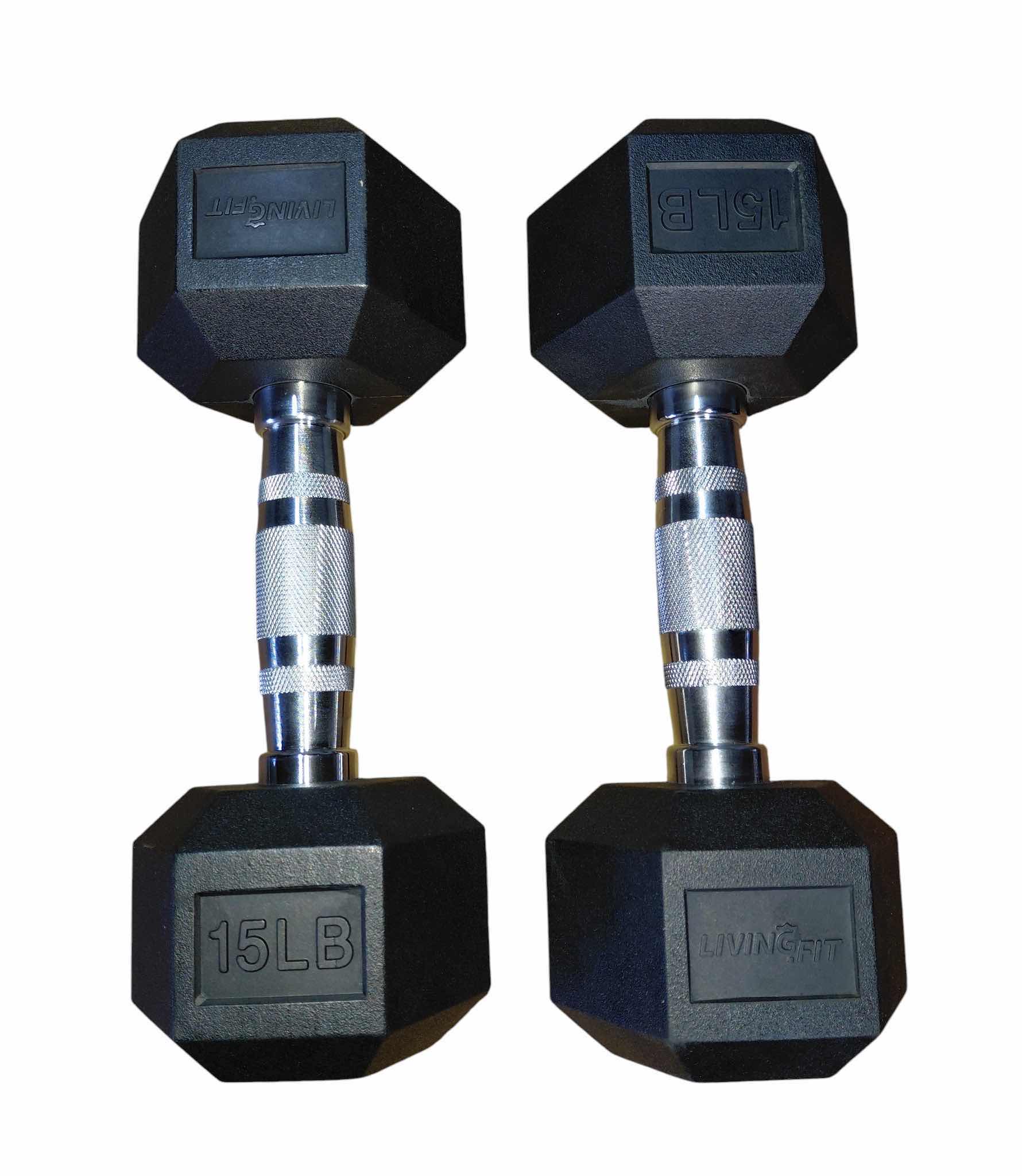 Photo 1 of NEW IN BOX 15 LB RUBBER HEX HEAD DUMBBELL (SET OF 2)