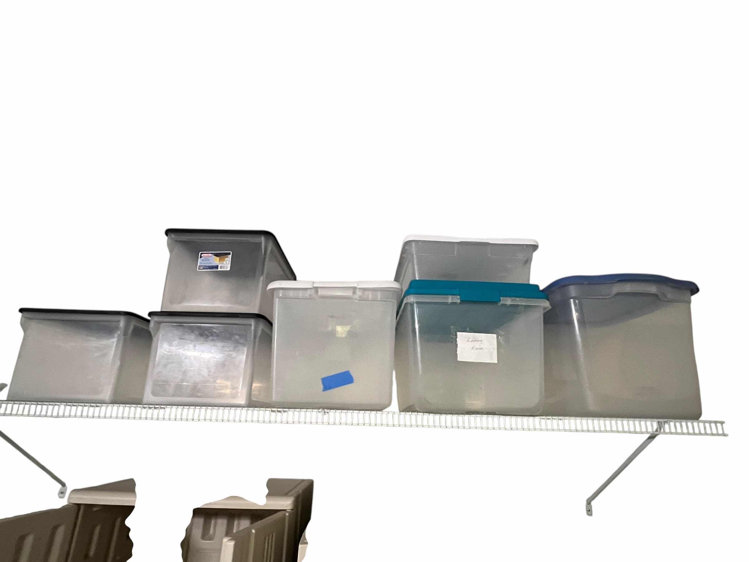 Photo 1 of ASSORTED SHELF OF PLASTIC BIN CONTAINERS DIFFERENT SHAPES AND SIZES