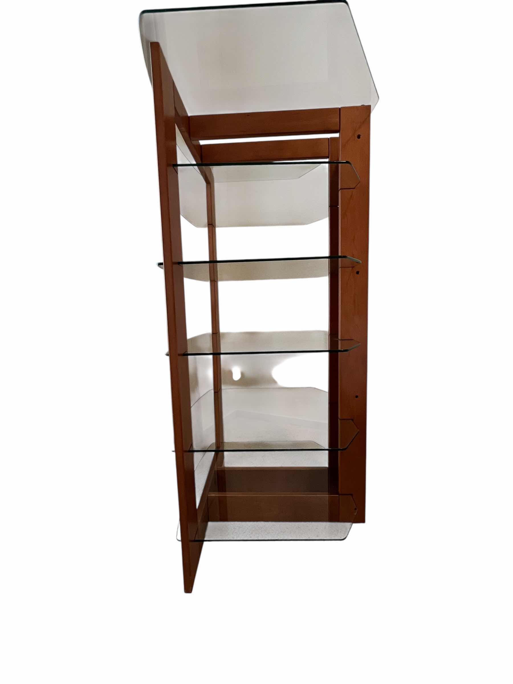 Photo 1 of 47” TALL GLASS AND WOOD CORNER SHELF 22.5” D X 30”W