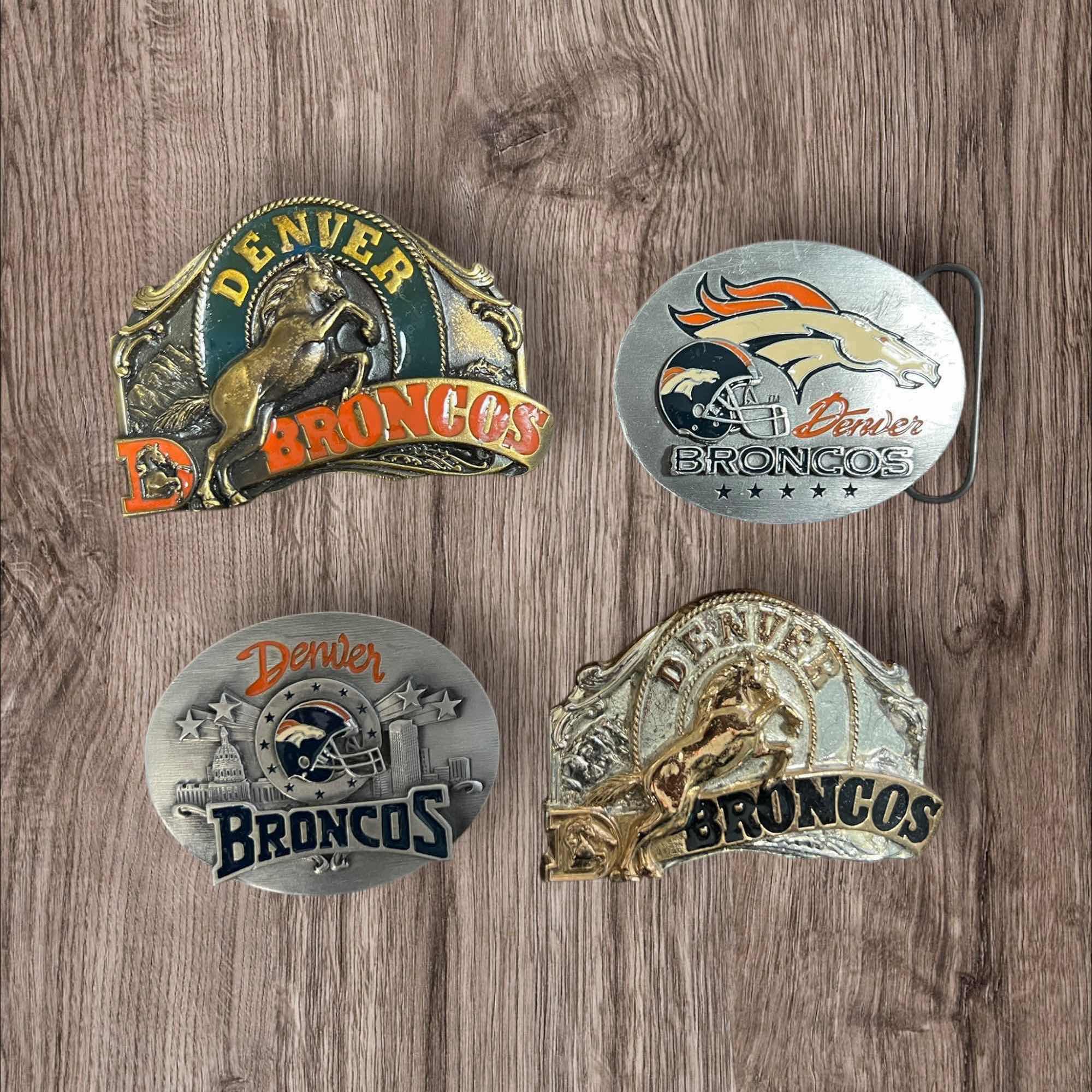 Photo 1 of SET OF 4 BELT BUCKLES DENVER BRONCOS THEMED APPROXIMATELY 3”W X 2”H