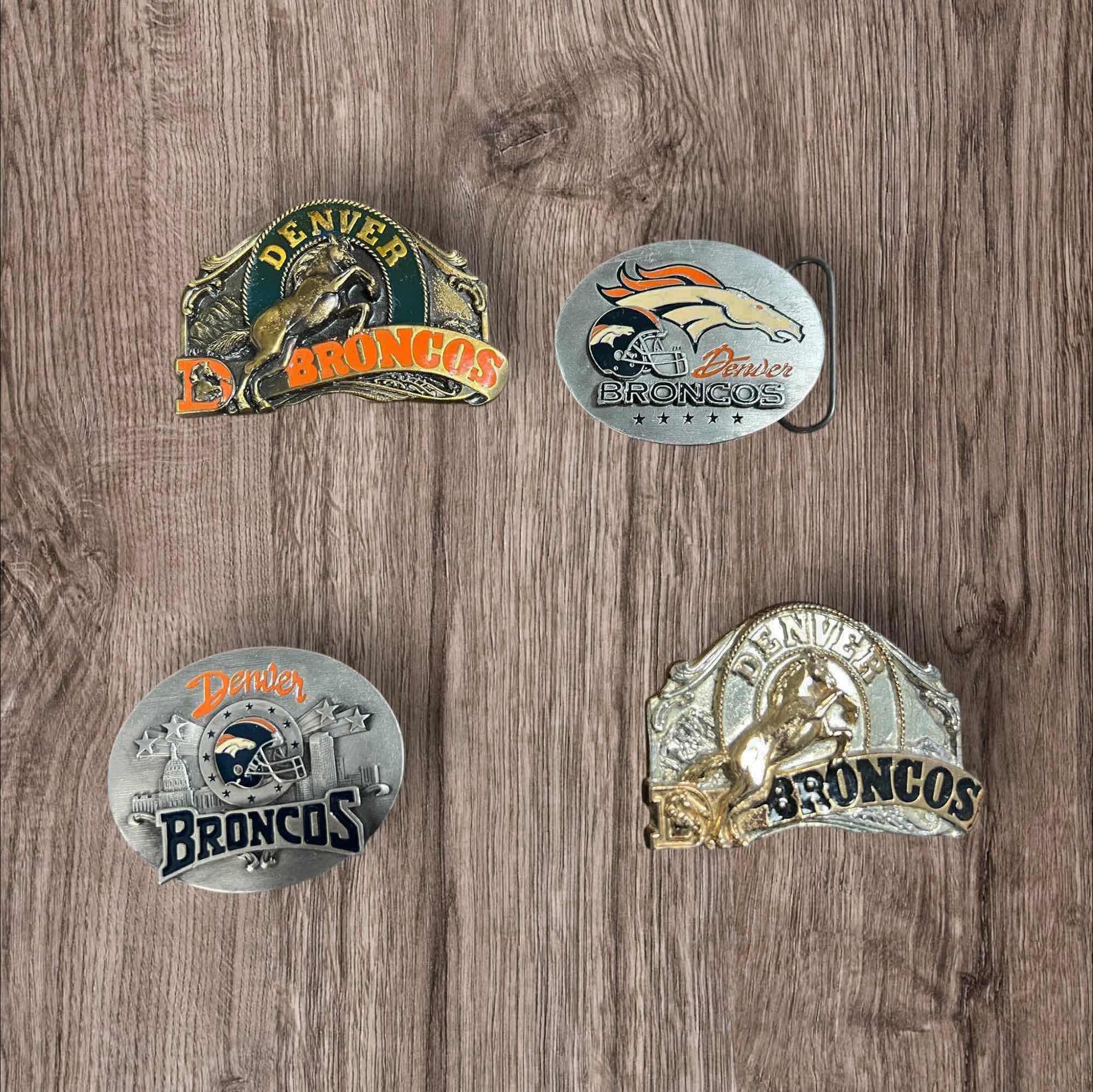 Photo 1 of SET OF 4 BELT BUCKLES DENVER BRONCOS THEMED APPROXIMATELY 3”W X 2”H