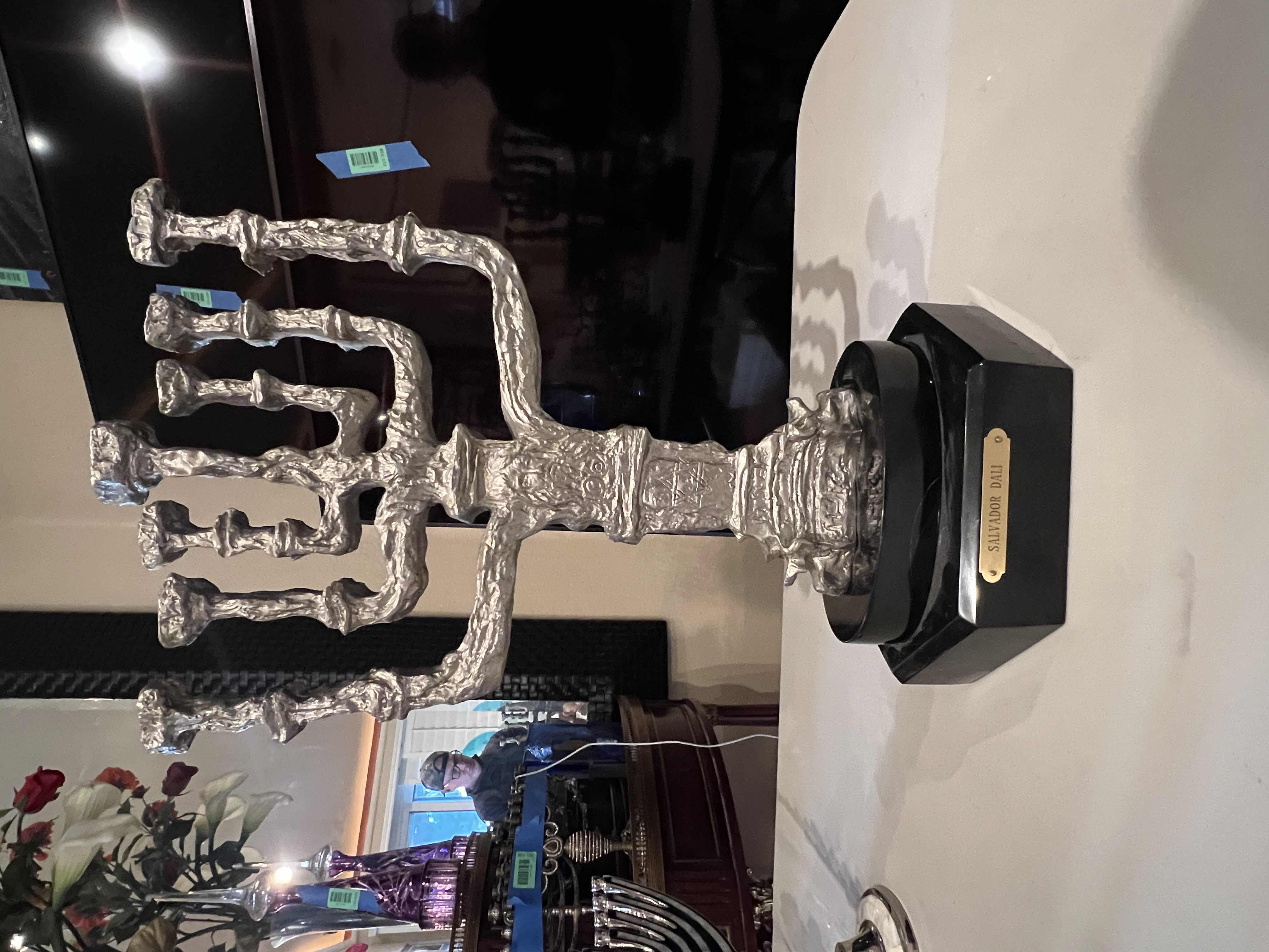 Photo 1 of BRONZE SILVERED MENORAH ON BLACK MARBLE BASE WITH SALVADOR DALI NAME PLATE ON FRONT 22” TALL