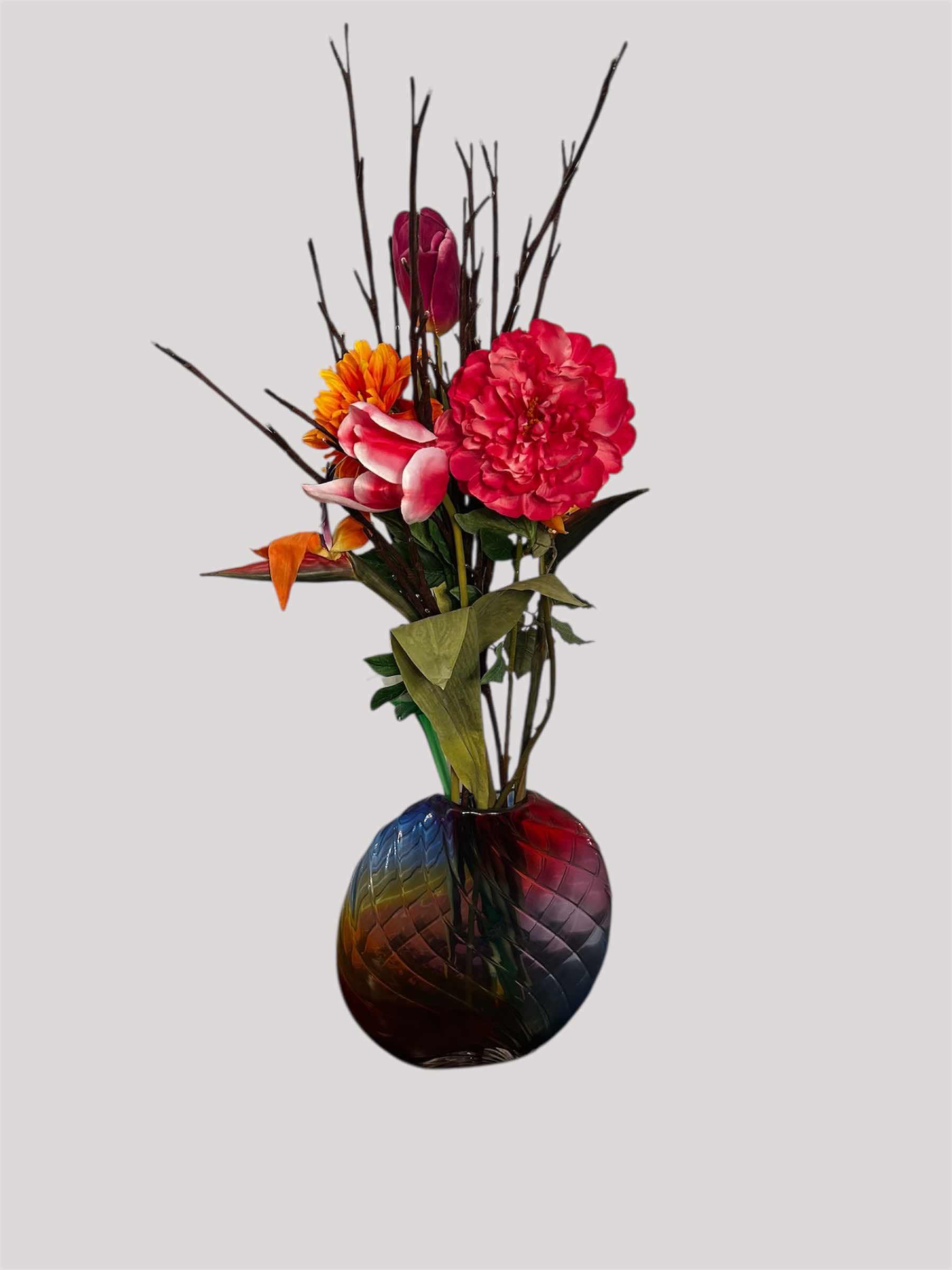 Photo 1 of DECORATIVE FLORAL ARRANGEMENT IN A MULTI COLORED GLASS VASE H 36"