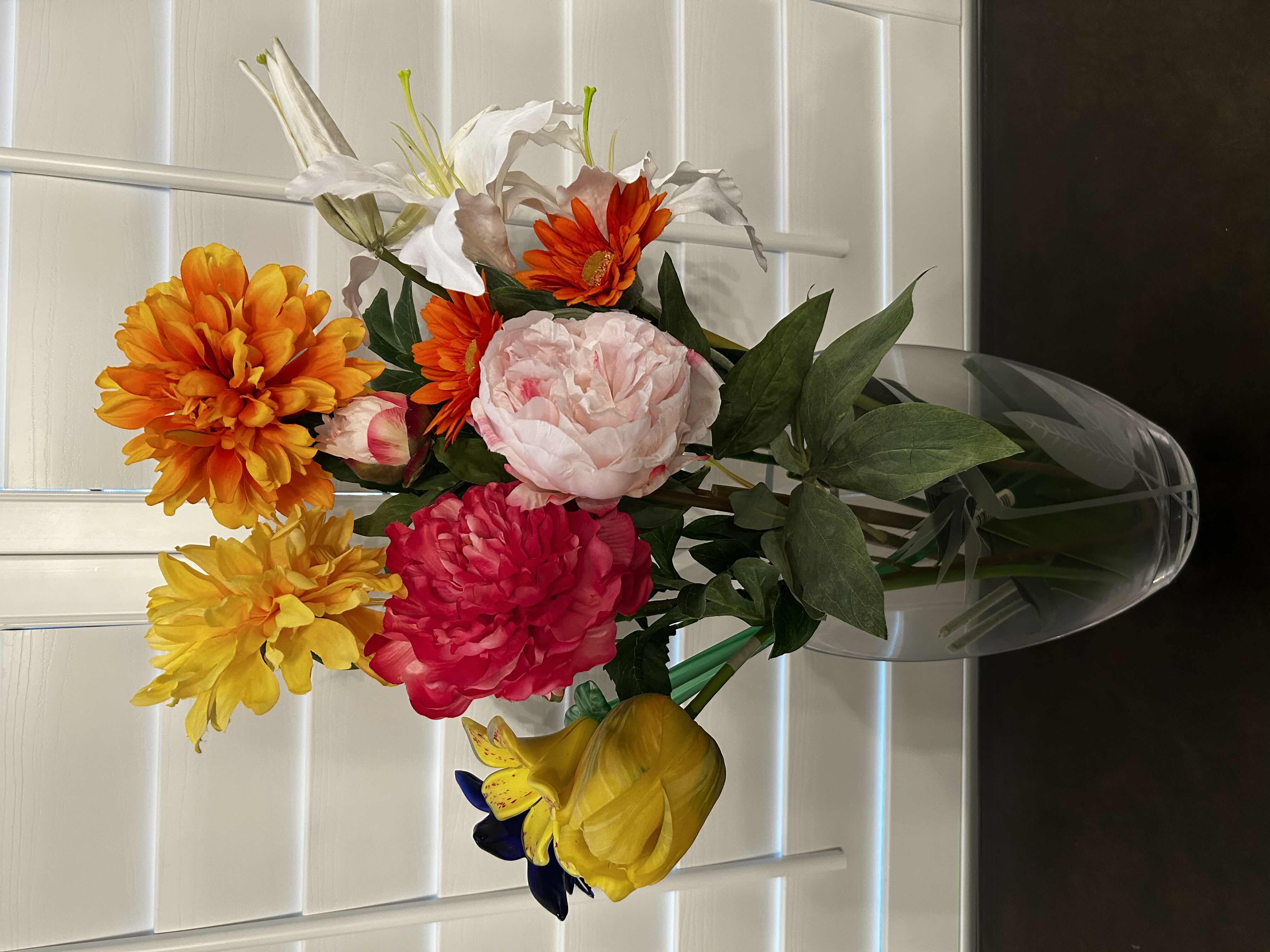 Photo 1 of BIRDS OF PARADISE ETCHED GLASS VASE W FAUX FLOWERS H 28"