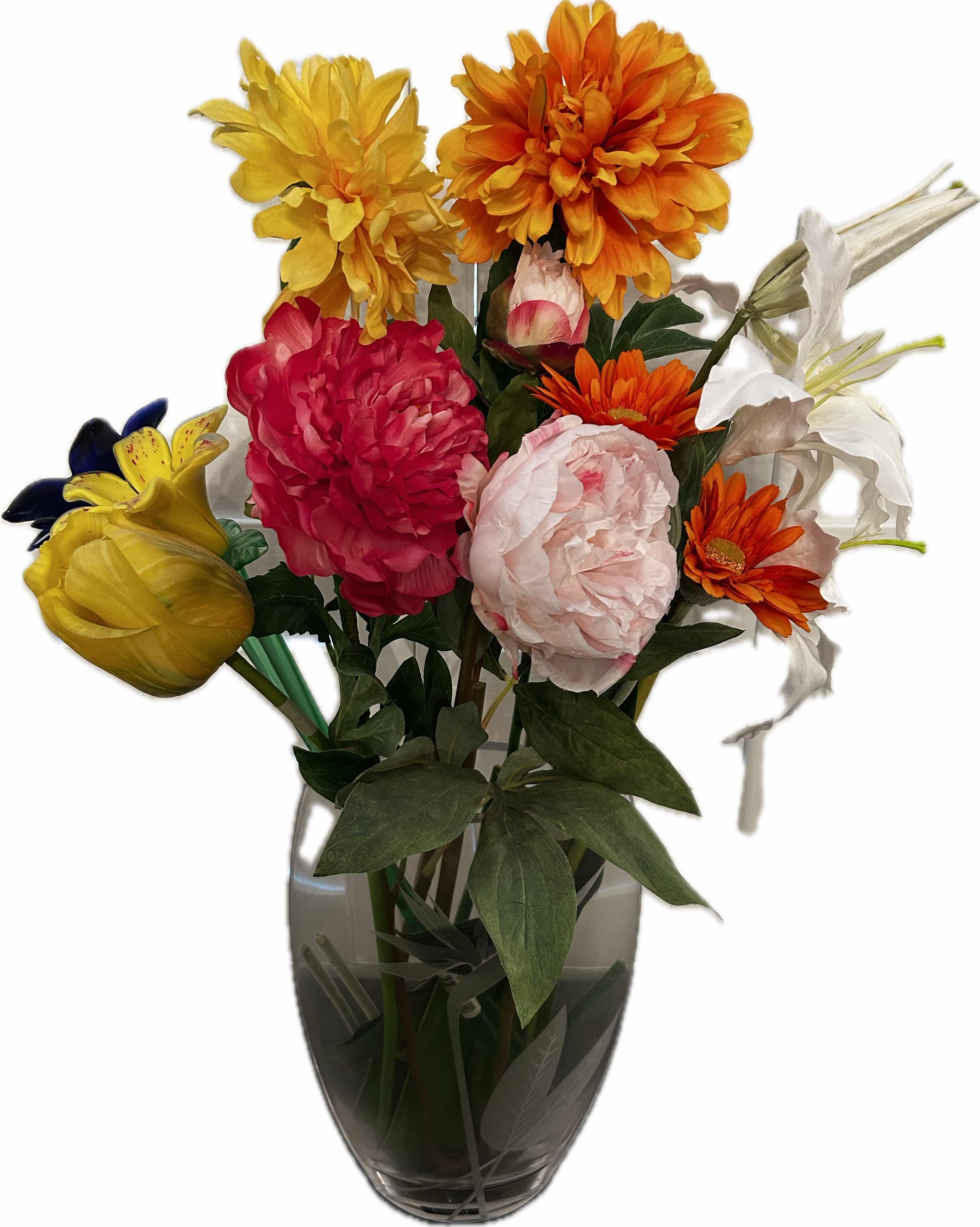 Photo 1 of BIRDS OF PARADISE ETCHED GLASS VASE W FAUX FLOWERS H 28"