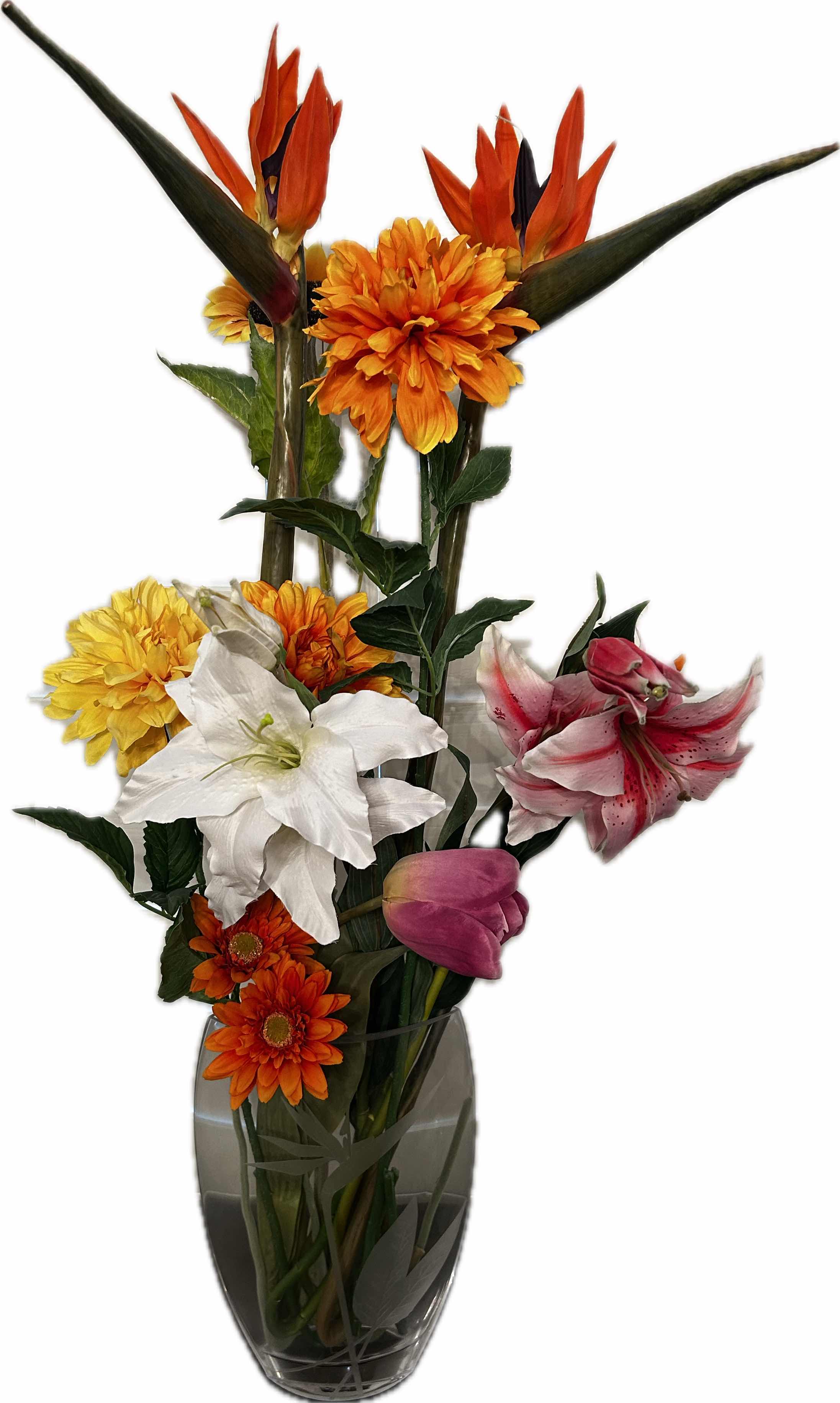 Photo 1 of BIRDS OF PARADISE ETCHED GLASS VASE W FAUX FLOWERS H 36"