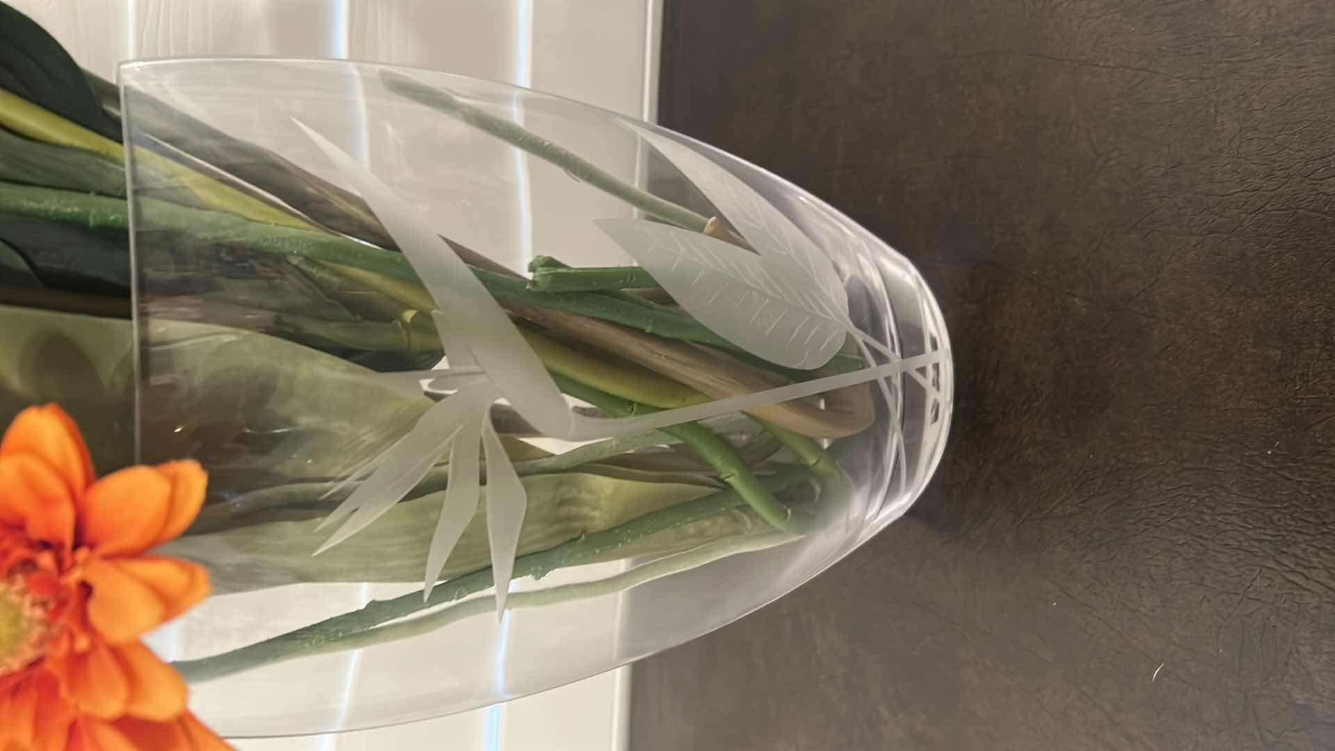 Photo 1 of BIRDS OF PARADISE ETCHED GLASS VASE W FAUX FLOWERS H 36"