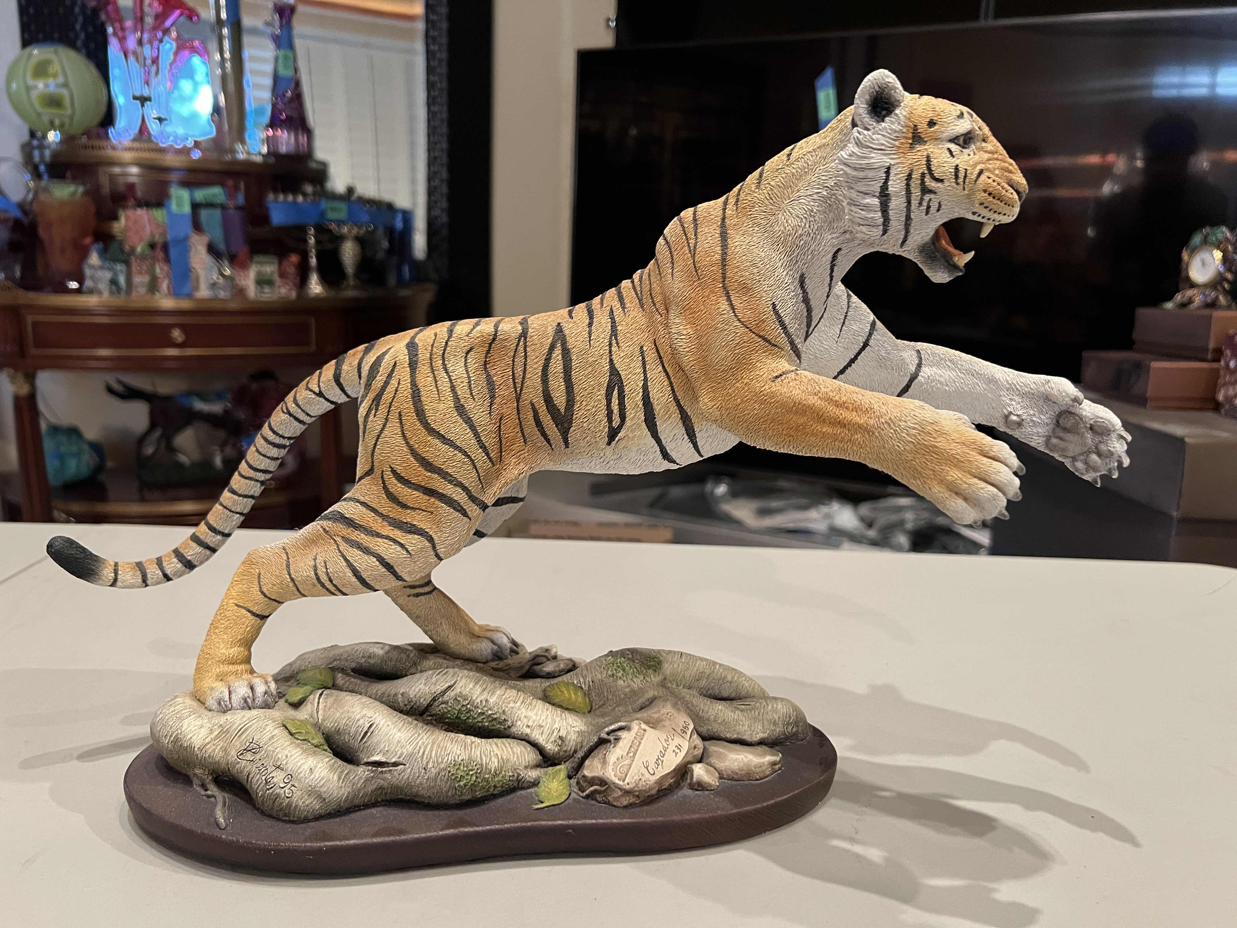 Photo 1 of CREART CAZADOR TIGER FIGURE ARTWORK ON DARK BROWN BASE 231/950 12”H X 12”W