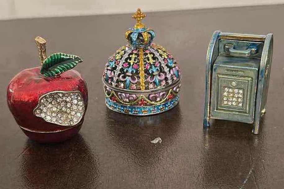 Photo 1 of 2-COLLECTION OF ORNATE CRYSTAL STUDDED TRINKET BOXES APPLE CROWN W MAIL BOX