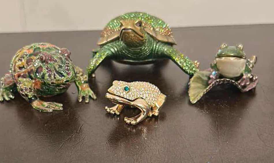 Photo 1 of 4- COLLECTABLE ORNATE CRYSTAL STUDDED TRINKET BOXES FROG TURTLE