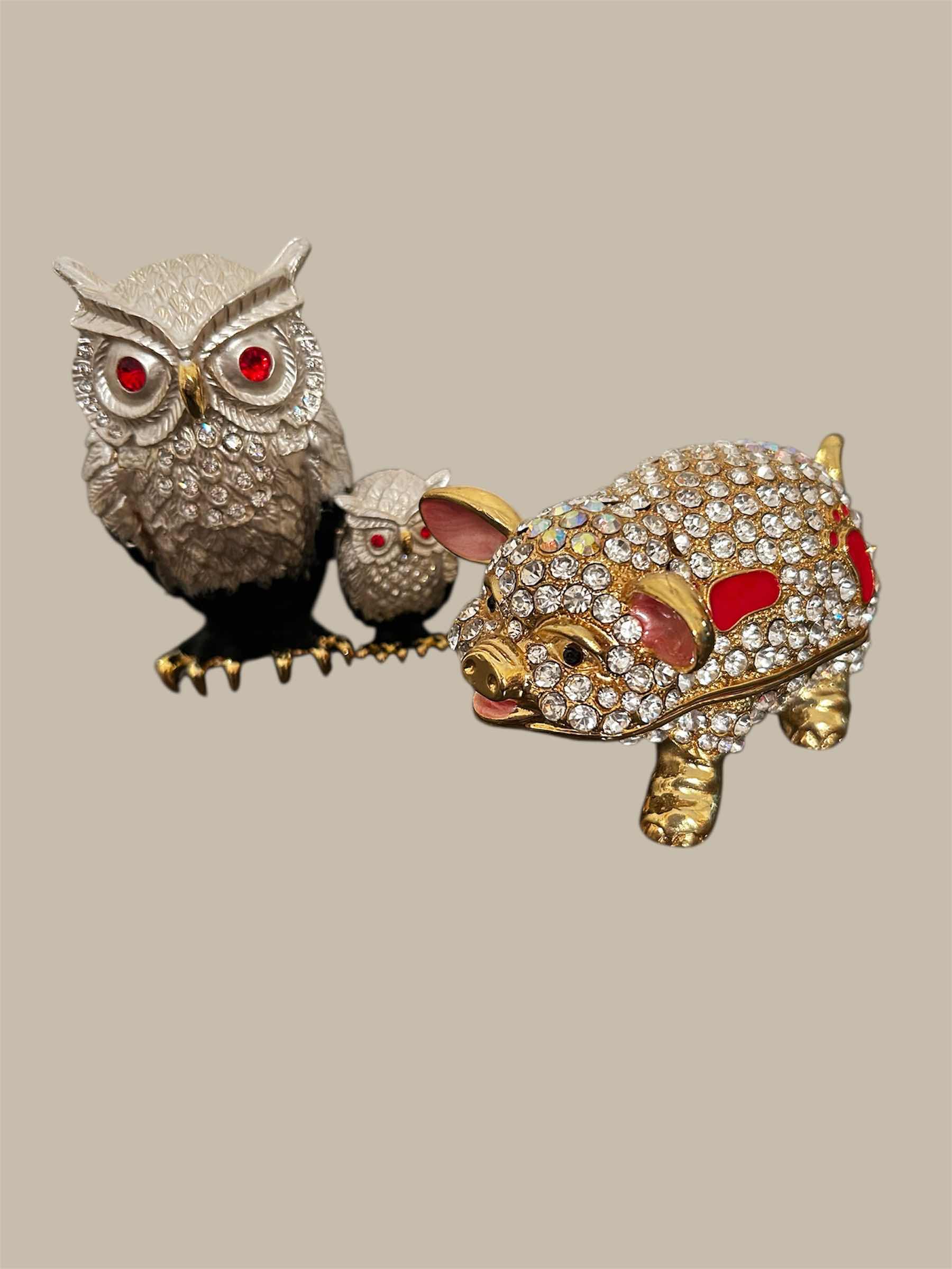 Photo 1 of 2- COLLECTABLE ORNATE CRYSTAL STUDDED TRINKET BOXES PIG OWL