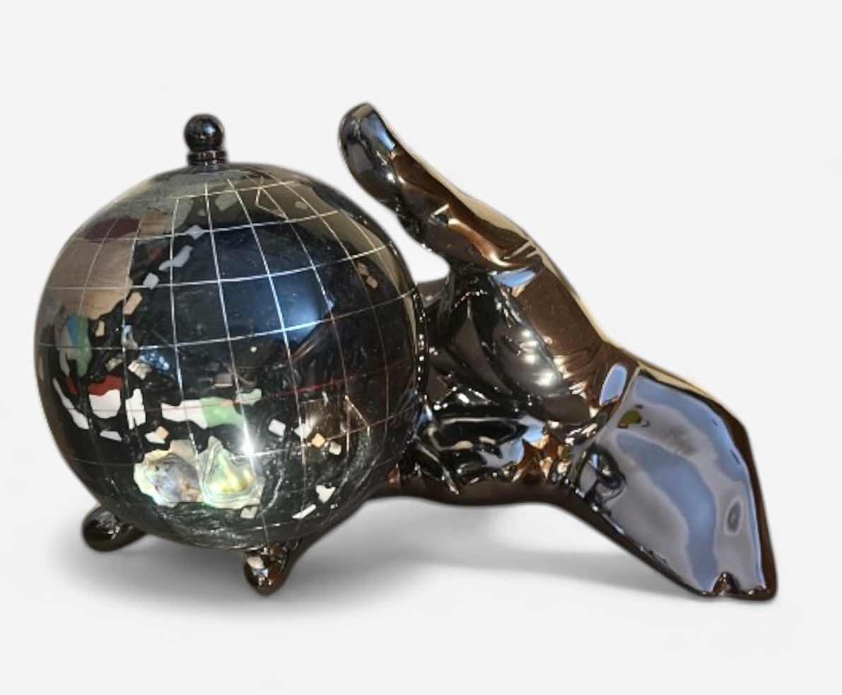 Photo 1 of ALEXANDER KALIFANO “WORLD IN YOUR HAND” GEMSTONE GLOBE WITH A BLACK OPAL OCEAN. 16.5” X 9 1/2” x 6”