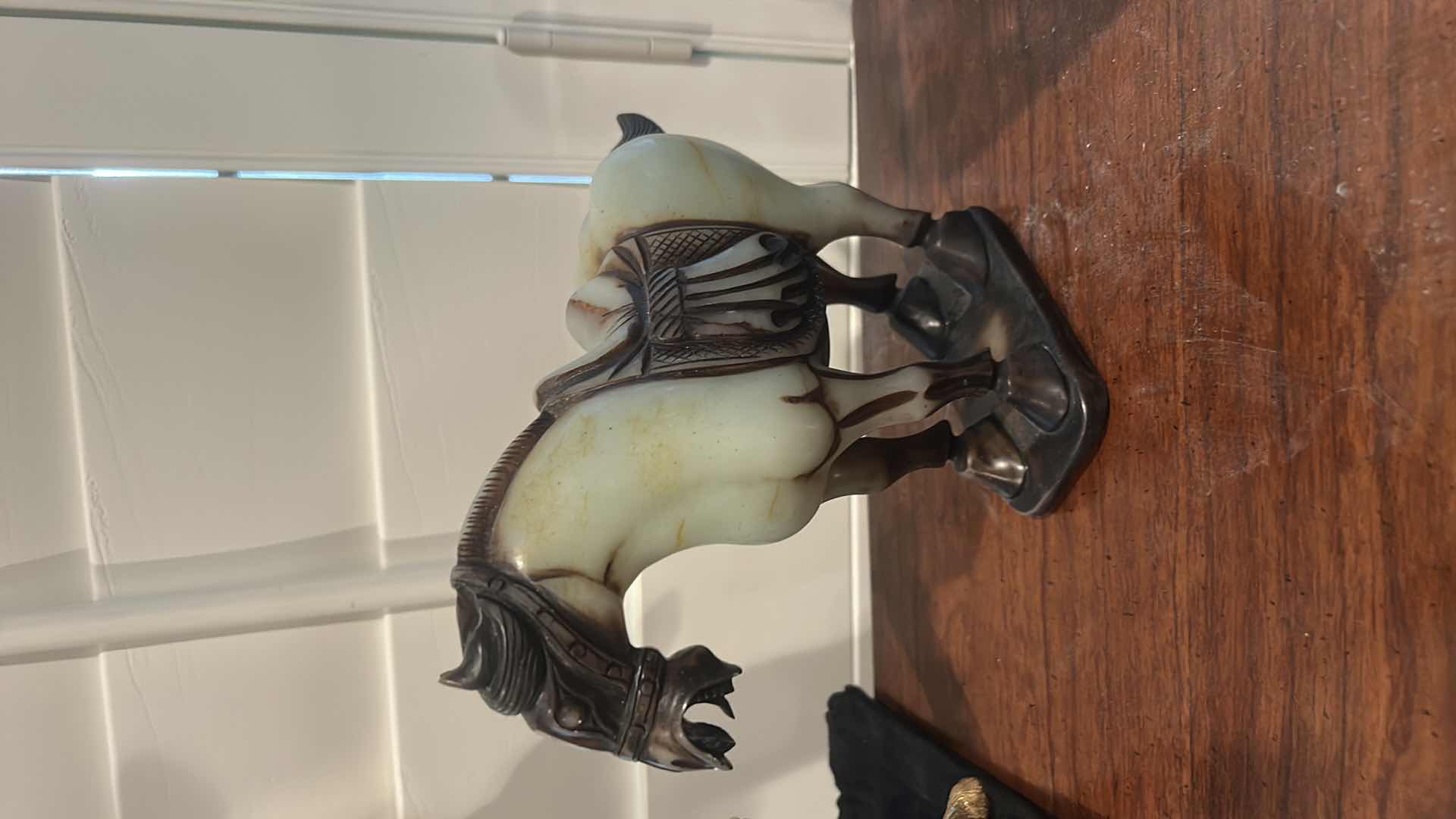 Photo 1 of ANTIQUE CHINESE SADDLED HORSE JADE SCULPTURE. H7”