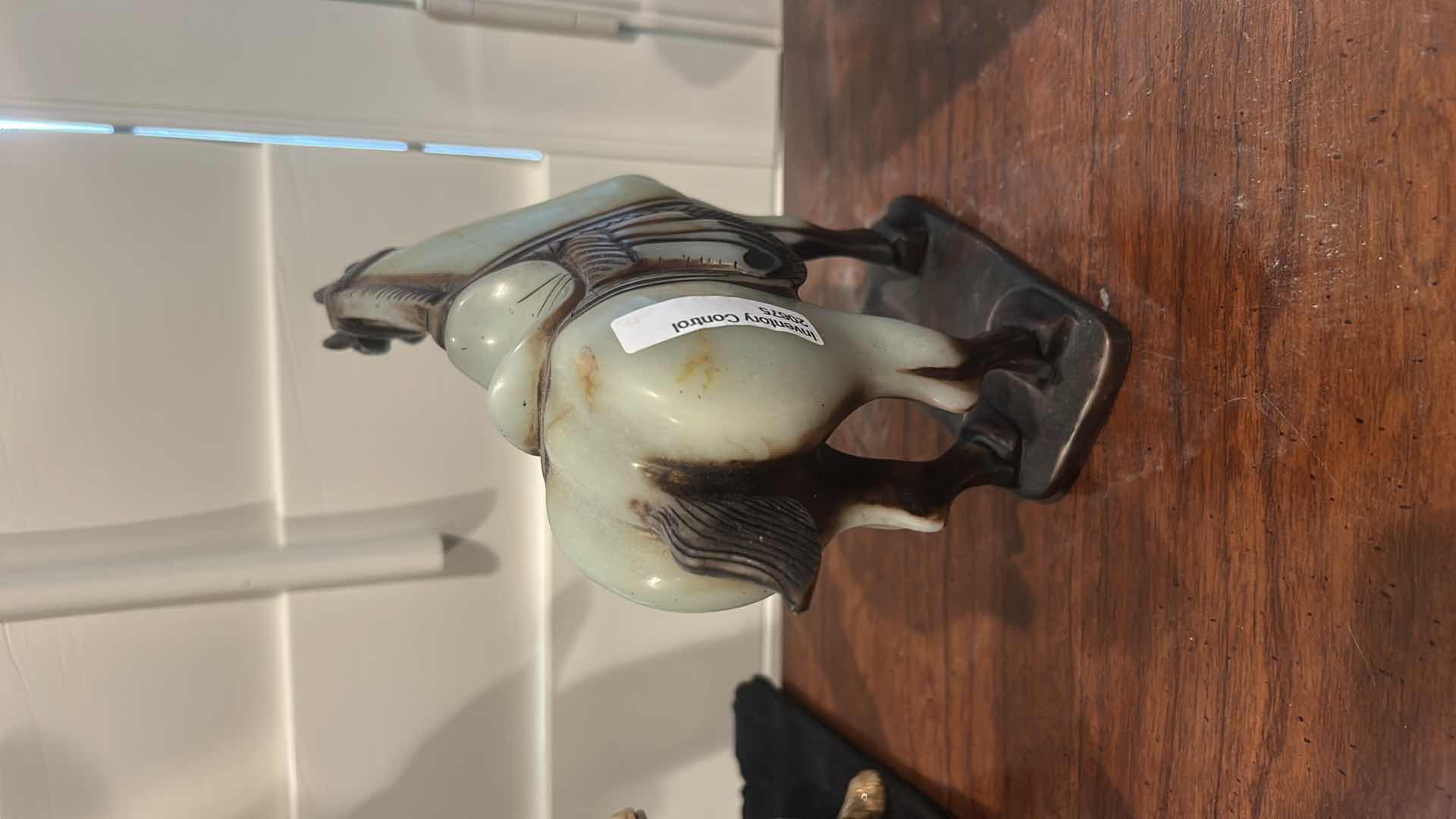 Photo 1 of ANTIQUE CHINESE SADDLED HORSE JADE SCULPTURE. H7”