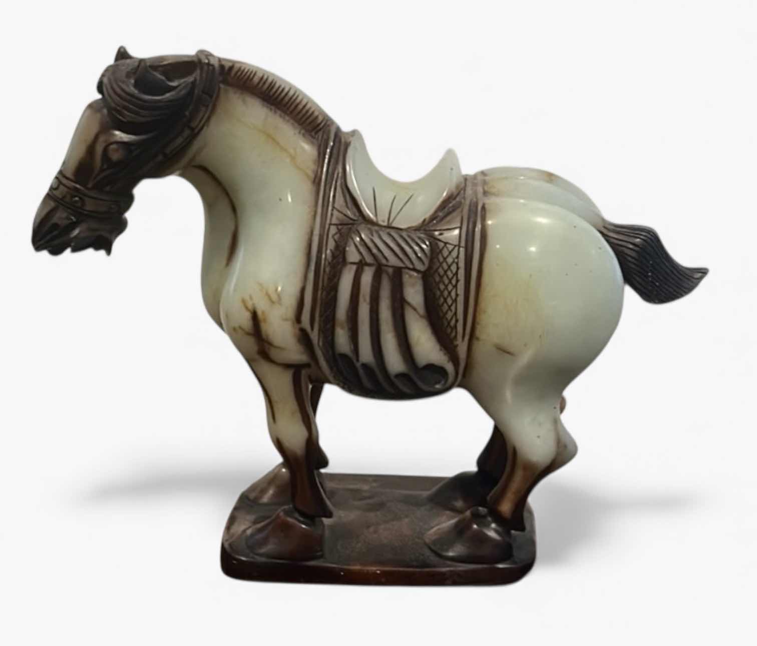 Photo 1 of ANTIQUE CHINESE SADDLED HORSE JADE SCULPTURE. H7”