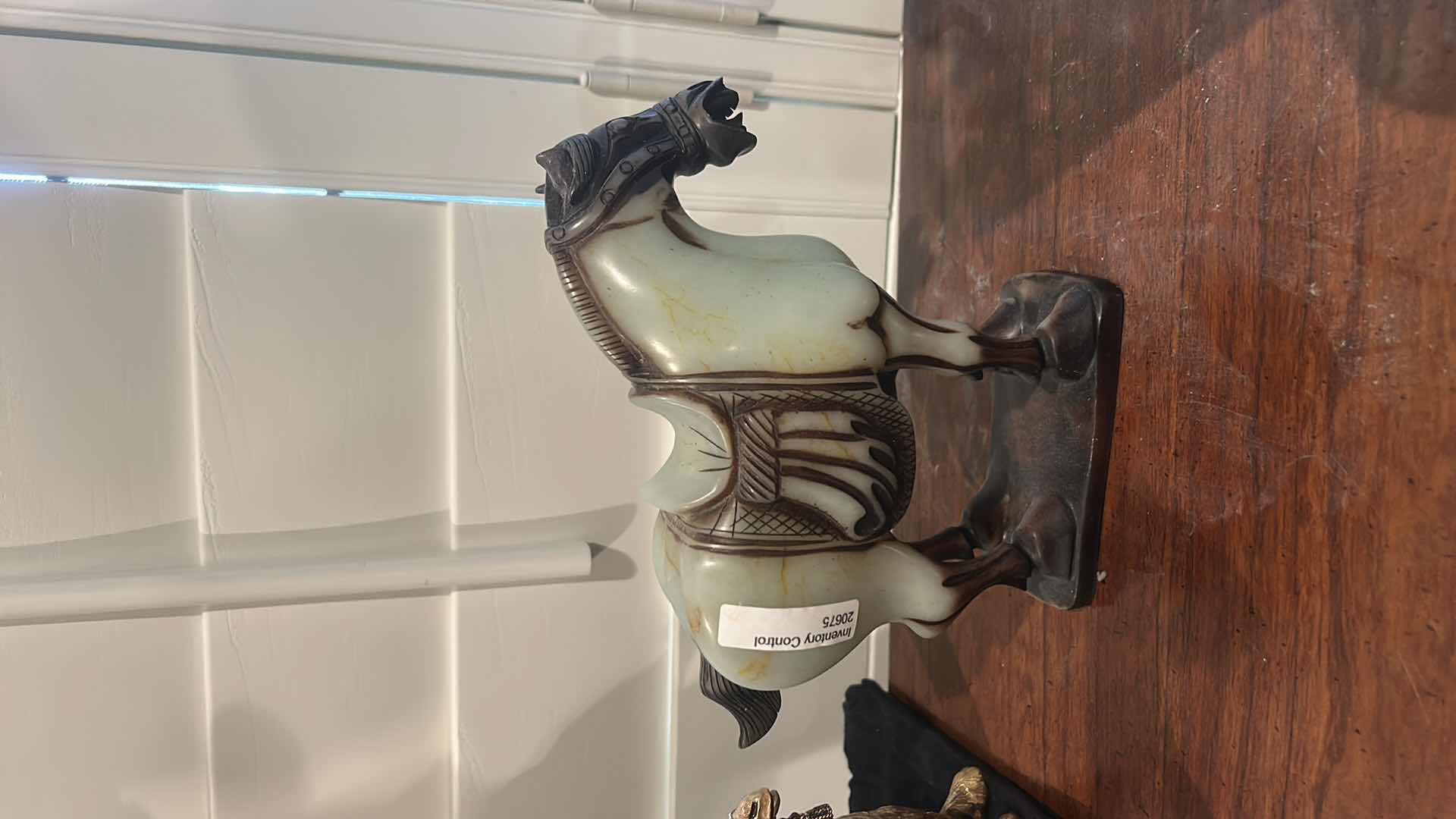 Photo 1 of ANTIQUE CHINESE SADDLED HORSE JADE SCULPTURE. H7”