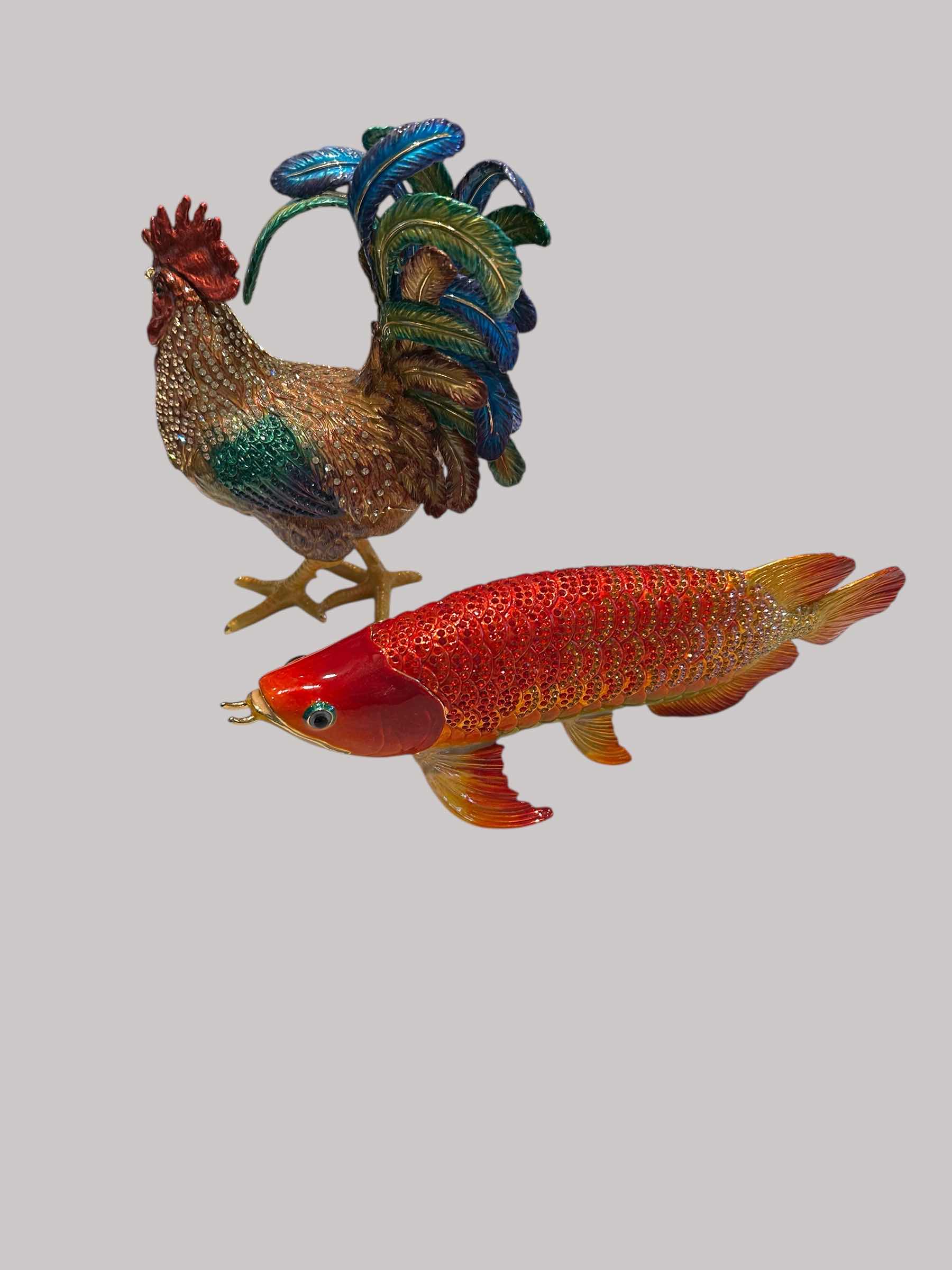 Photo 1 of 2- ENAMEL ANIMAL CRYSTAL STUDDED TRINKET BOXES FISH 10"ROOSTER 7"