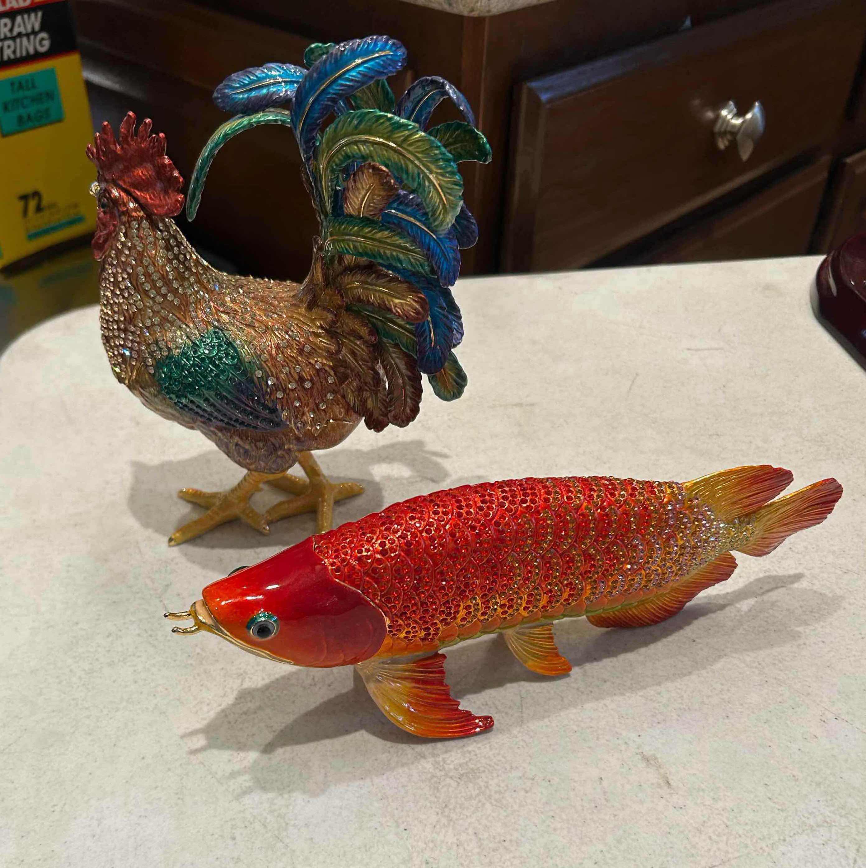 Photo 1 of 2- ENAMEL ANIMAL CRYSTAL STUDDED TRINKET BOXES FISH 10"ROOSTER 7"