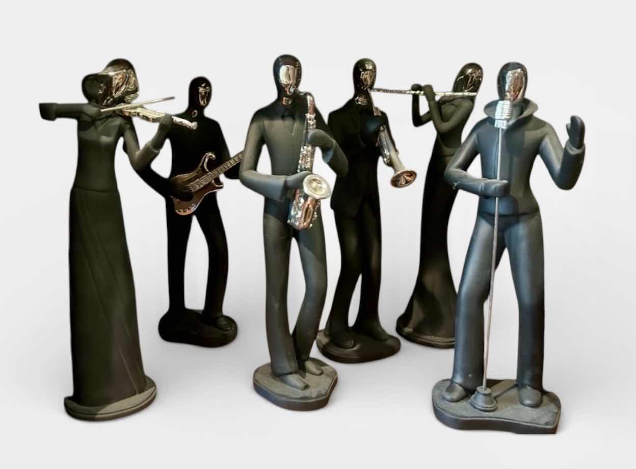 Photo 1 of 6 BLACK AND SILVER MUSICAL INSTRUMENT-PLAYING FIGURINES H 12”.
