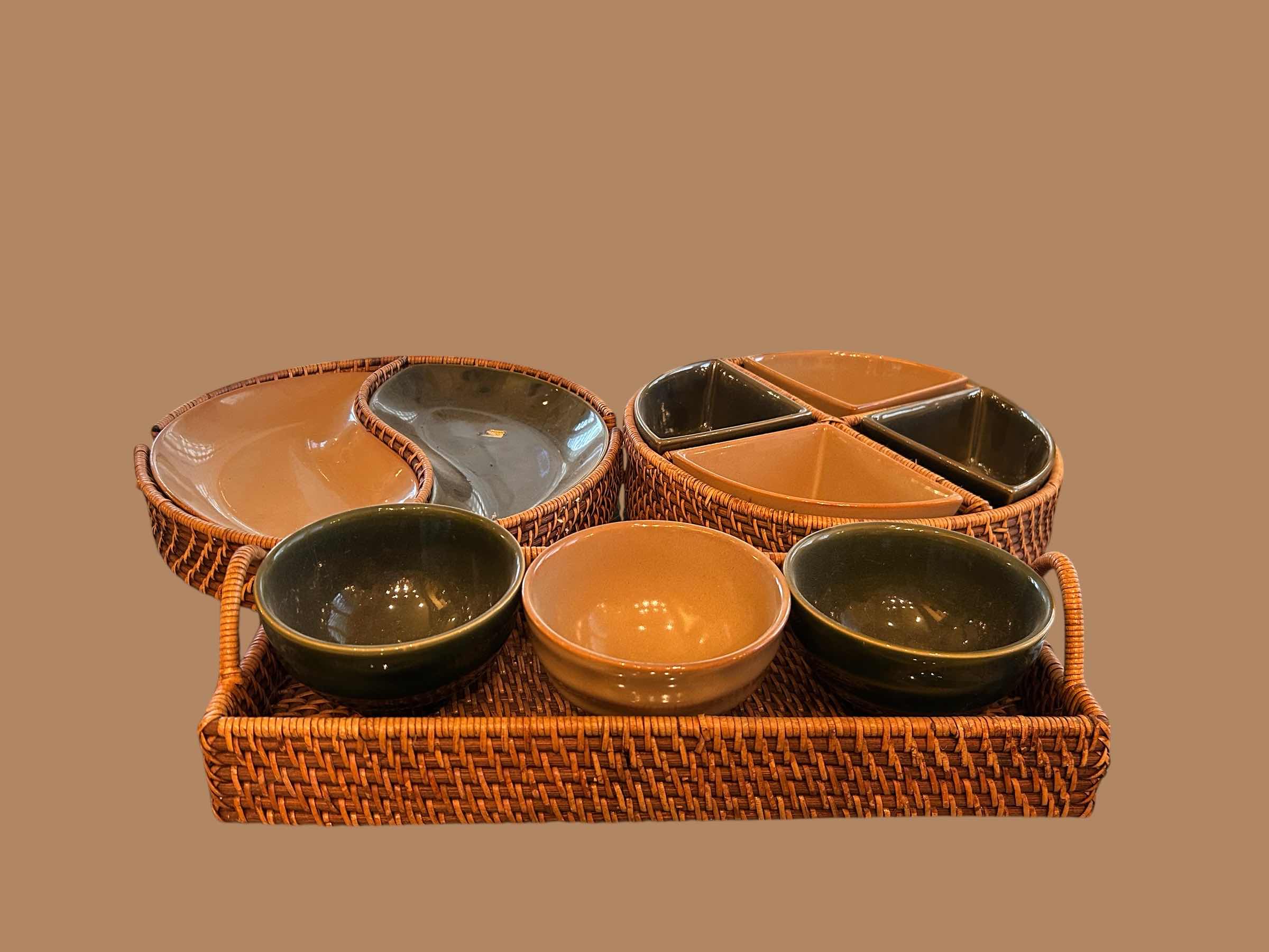 Photo 1 of 3- ESSEX STONEWARE SERVING SET W RATTAN HOLDER